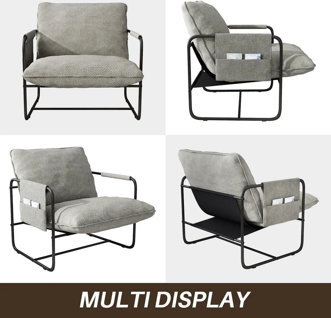 Alt view image 2 of 7 - Ninecer Sling Accent Chair Set of 2, Metal Framed Armchair with Removable Storage Bag, Upholstered Living Room Chairs, Beige Lounge Chair