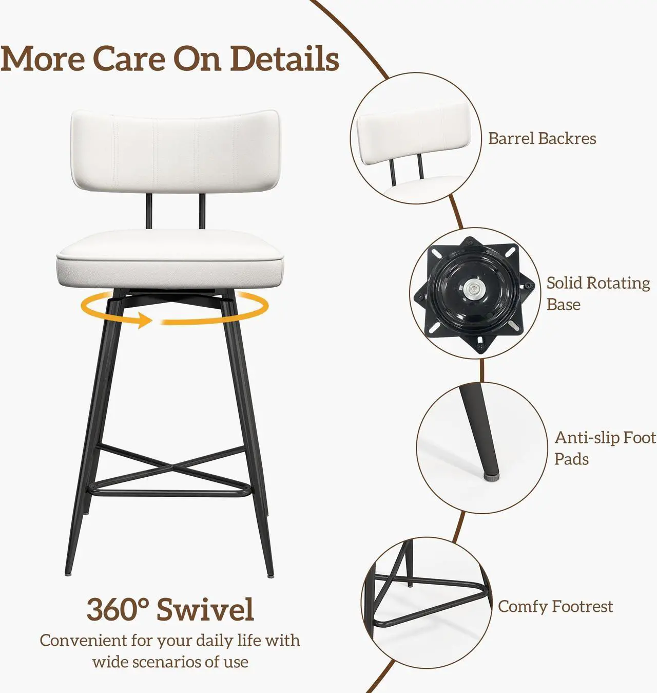 Alt view image 2 of 7 - Ninecer 26" Swivel Bar Stools Set of 2, Modern Counter Height Barstools, Pu Leather Kitchen Stools with Back Footrest Metal Legs, Bar Chairs for Kitchen Island, Cafes, Dining Room,White