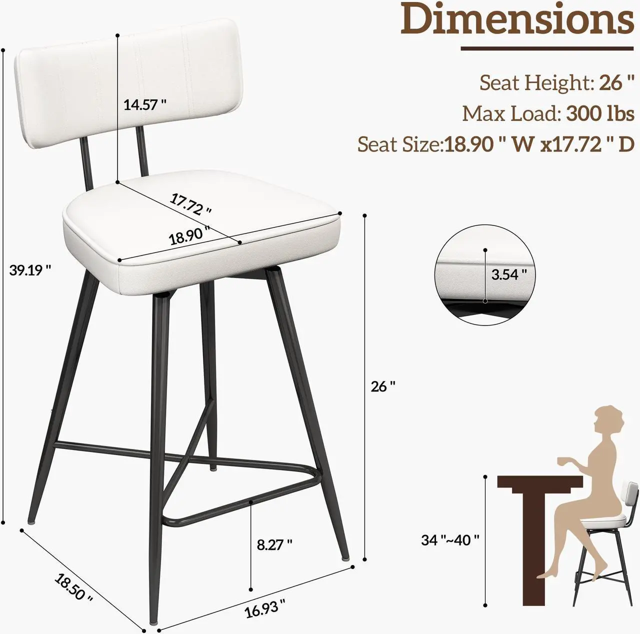 Alt view image 3 of 7 - Ninecer 26" Swivel Bar Stools Set of 2, Modern Counter Height Barstools, Pu Leather Kitchen Stools with Back Footrest Metal Legs, Bar Chairs for Kitchen Island, Cafes, Dining Room,White