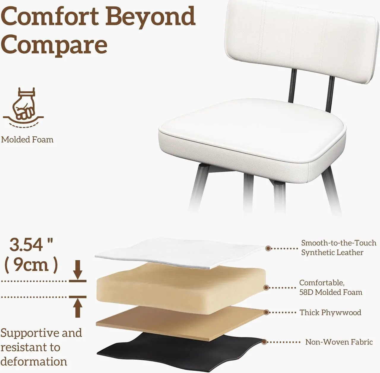 Alt view image 5 of 7 - Ninecer 26" Swivel Bar Stools Set of 2, Modern Counter Height Barstools, Pu Leather Kitchen Stools with Back Footrest Metal Legs, Bar Chairs for Kitchen Island, Cafes, Dining Room,White