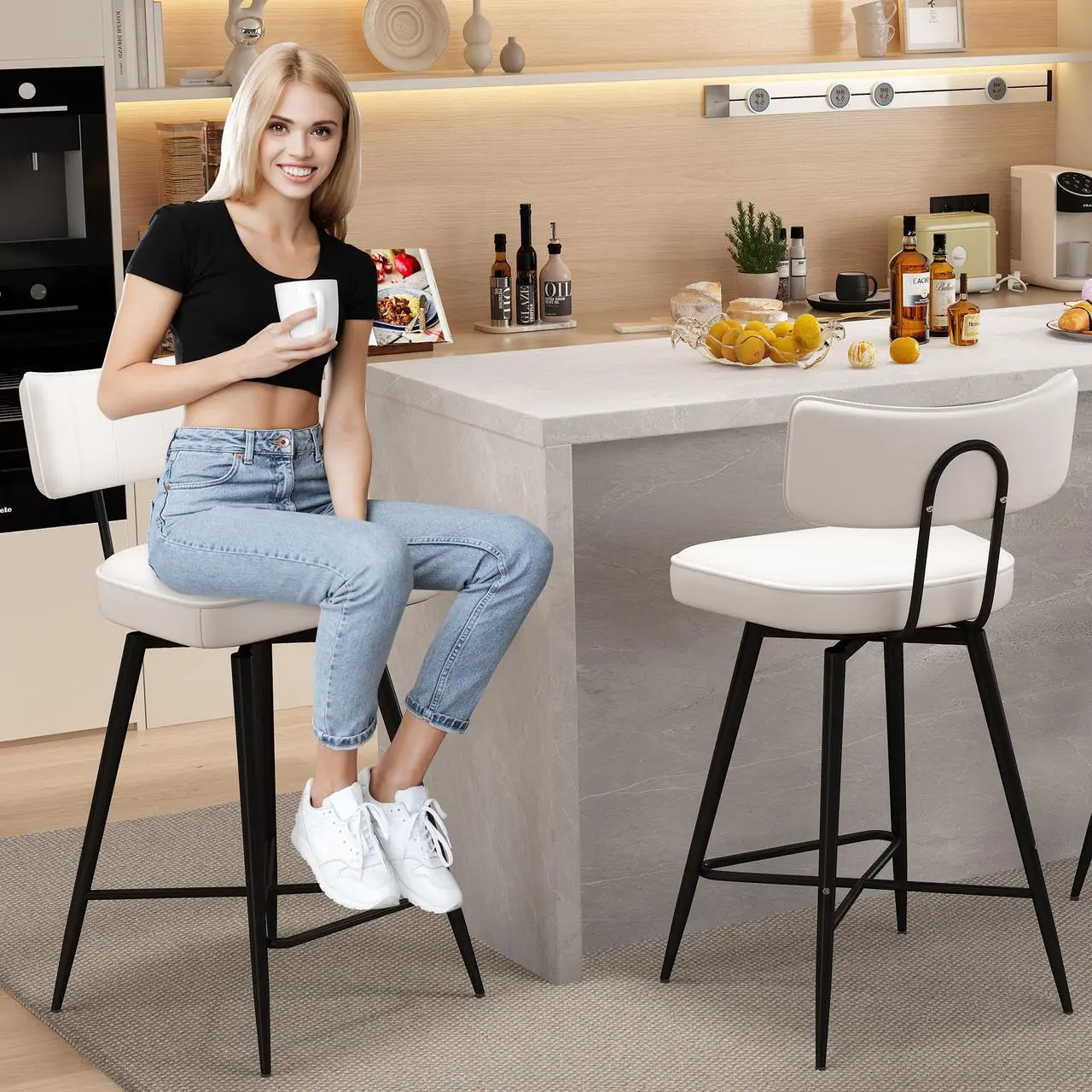 Alt view image 6 of 7 - Ninecer 26" Swivel Bar Stools Set of 2, Modern Counter Height Barstools, Pu Leather Kitchen Stools with Back Footrest Metal Legs, Bar Chairs for Kitchen Island, Cafes, Dining Room,White