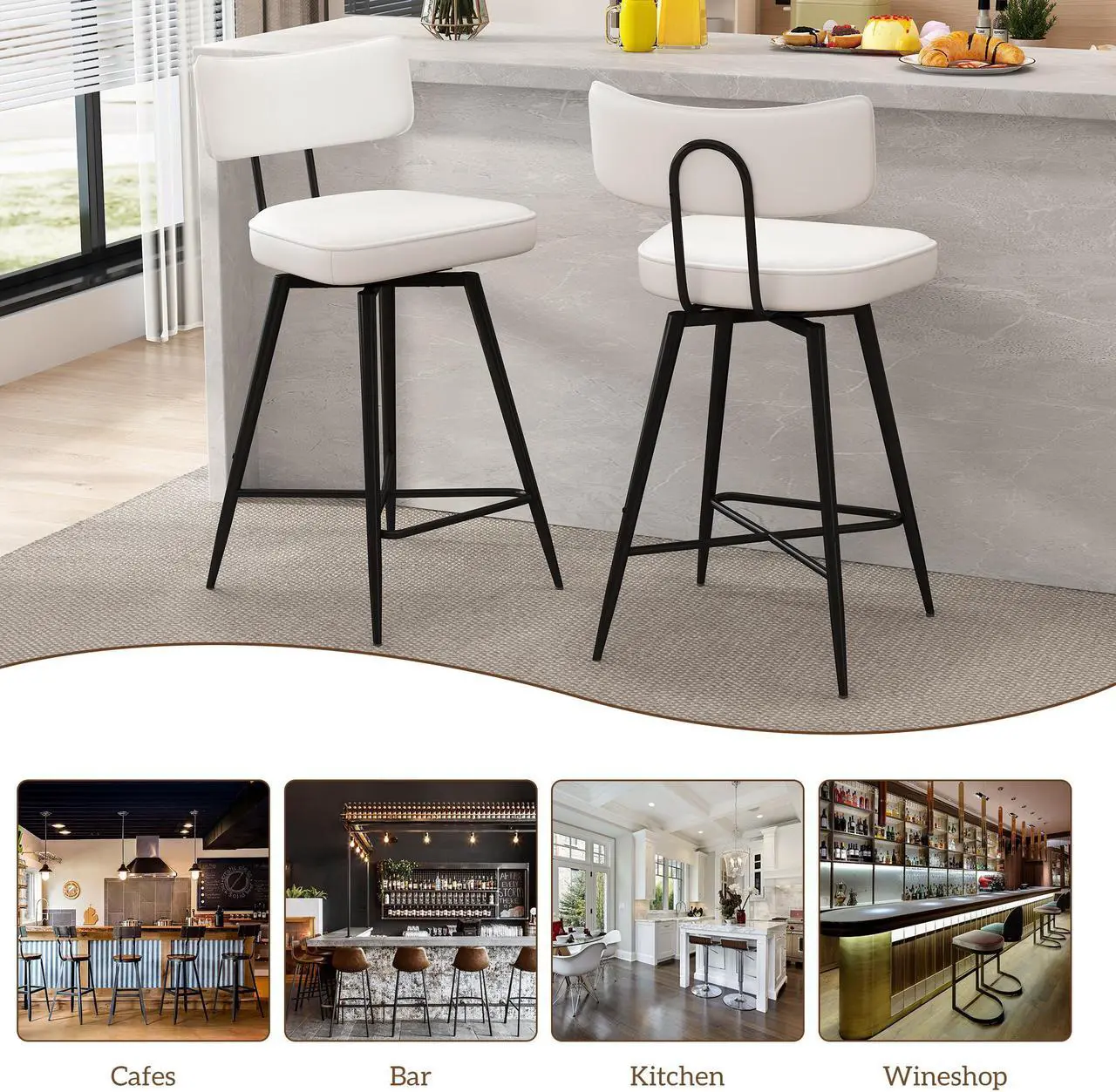 Alt view image 7 of 7 - Ninecer 26" Swivel Bar Stools Set of 2, Modern Counter Height Barstools, Pu Leather Kitchen Stools with Back Footrest Metal Legs, Bar Chairs for Kitchen Island, Cafes, Dining Room,White