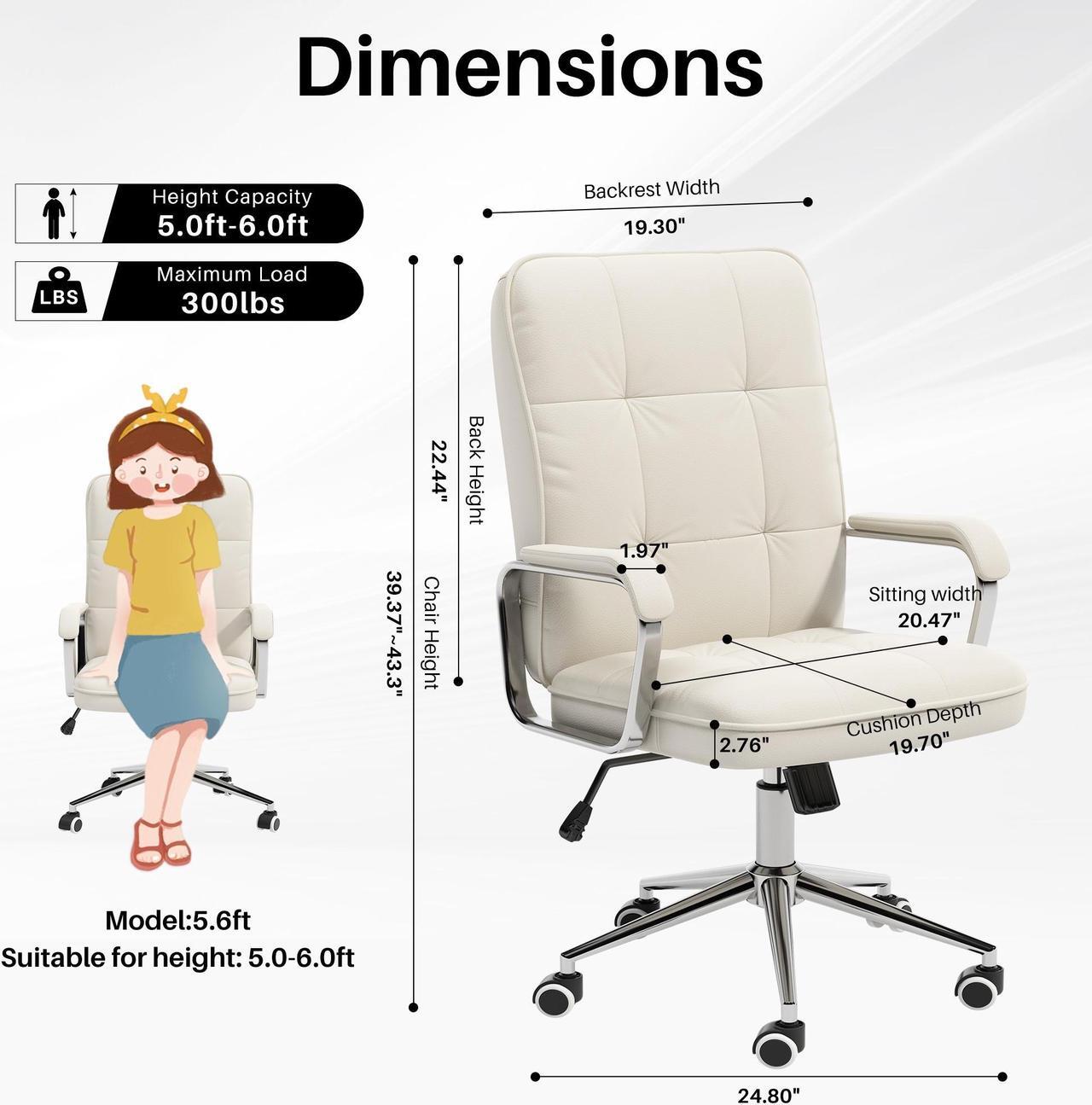 Alt view image 2 of 7 - Ninecer Office Chair with Arms, PU Leather Executive Office Chair, Mid Back Aesthetic Desk Chair with Wheels, Comfy Desk Chairs with Lumbar Support for Women Girls, White