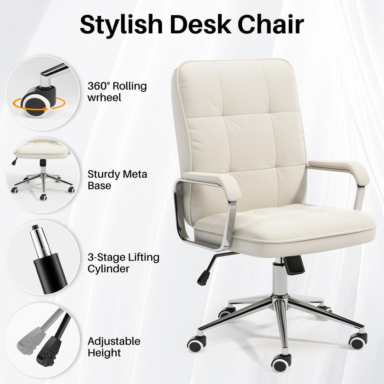 Alt view image 4 of 7 - Ninecer Office Chair with Arms, PU Leather Executive Office Chair, Mid Back Aesthetic Desk Chair with Wheels, Comfy Desk Chairs with Lumbar Support for Women Girls, White
