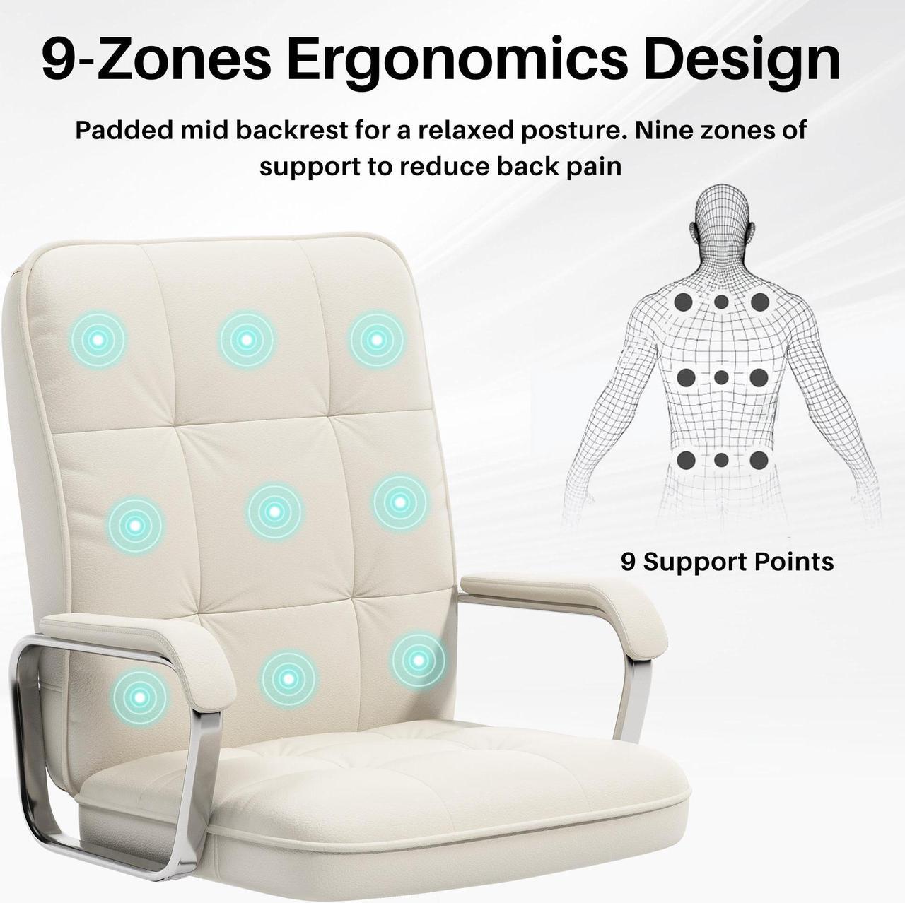 Alt view image 5 of 7 - Ninecer Office Chair with Arms, PU Leather Executive Office Chair, Mid Back Aesthetic Desk Chair with Wheels, Comfy Desk Chairs with Lumbar Support for Women Girls, White