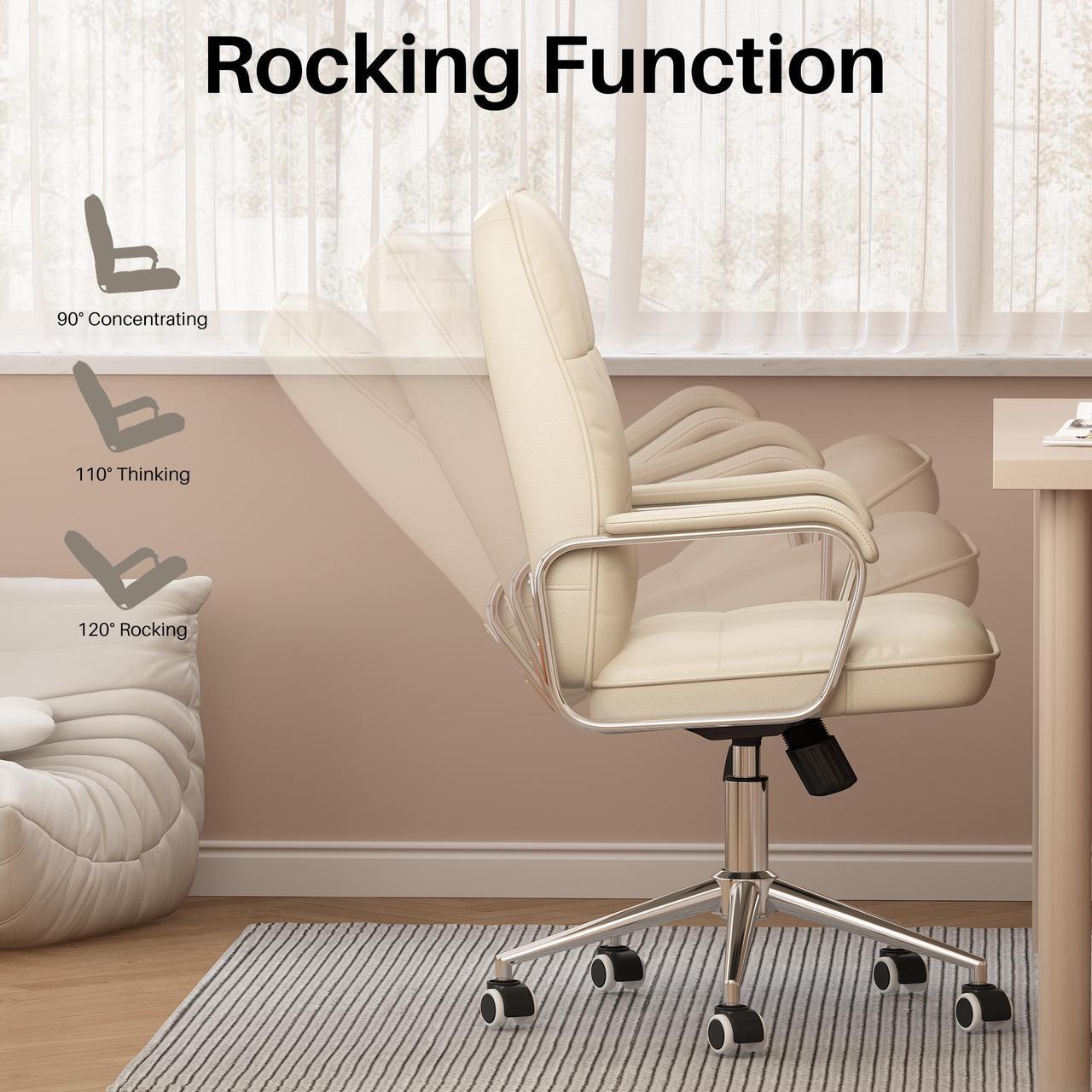 Alt view image 6 of 7 - Ninecer Office Chair with Arms, PU Leather Executive Office Chair, Mid Back Aesthetic Desk Chair with Wheels, Comfy Desk Chairs with Lumbar Support for Women Girls, White