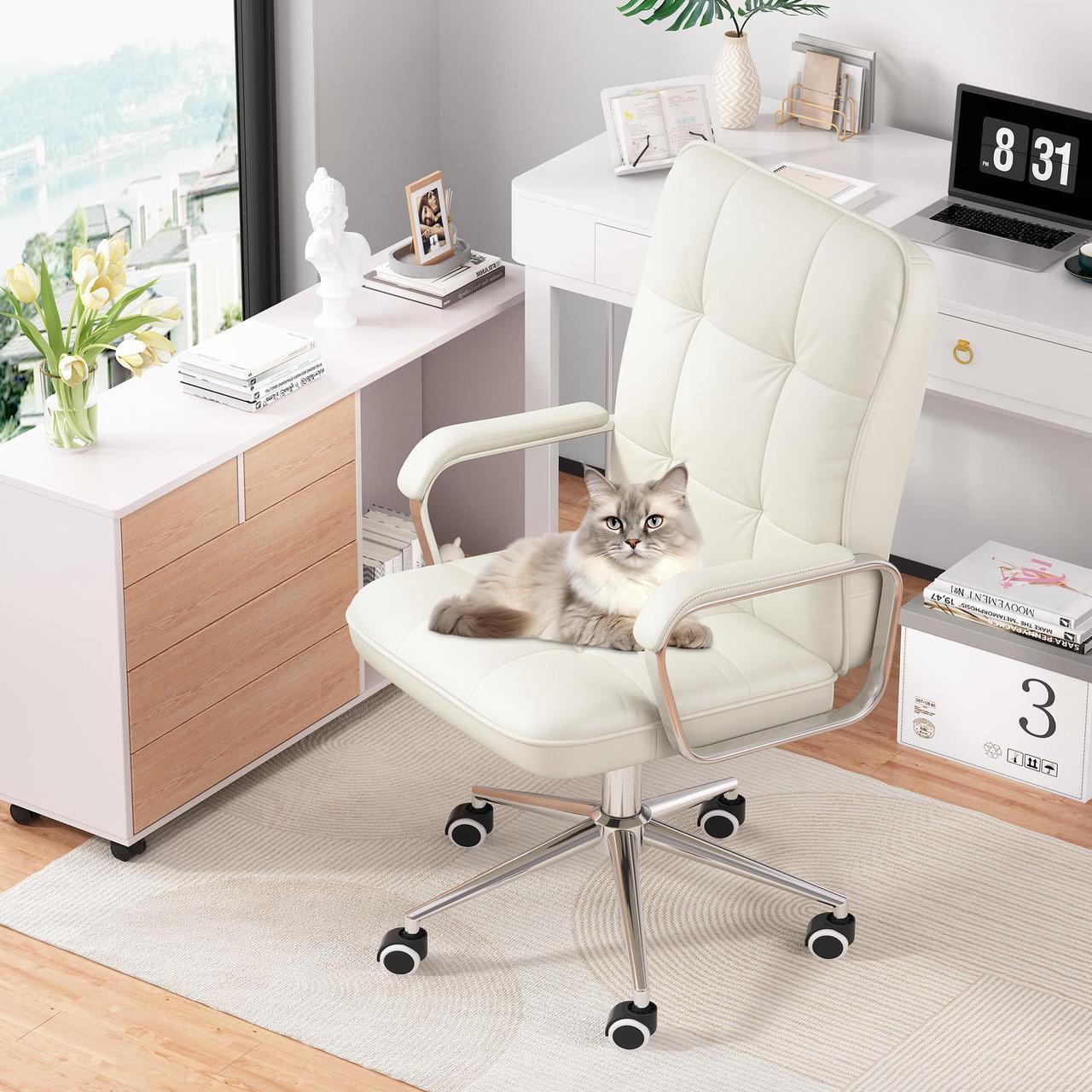 Main image of Ninecer Office Chair with Arms, PU Leather Executive Office Chair, Mid Back Aesthetic Desk Chair with Wheels, Comfy Desk Chairs with Lumbar Support for Women Girls, White