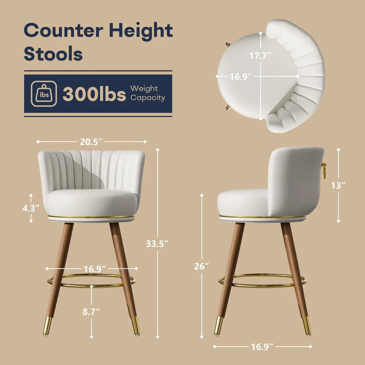 Alt view image 3 of 7 - Ninecer 26" Swivel Bar Stools Set of 2, Counter Height Bar Stools with Back, Leather Swivel Counter Stool with Wood Legs and Footrest, Upholstered Pub Stools White Bar Chairs Kitchen Island, 300lbs