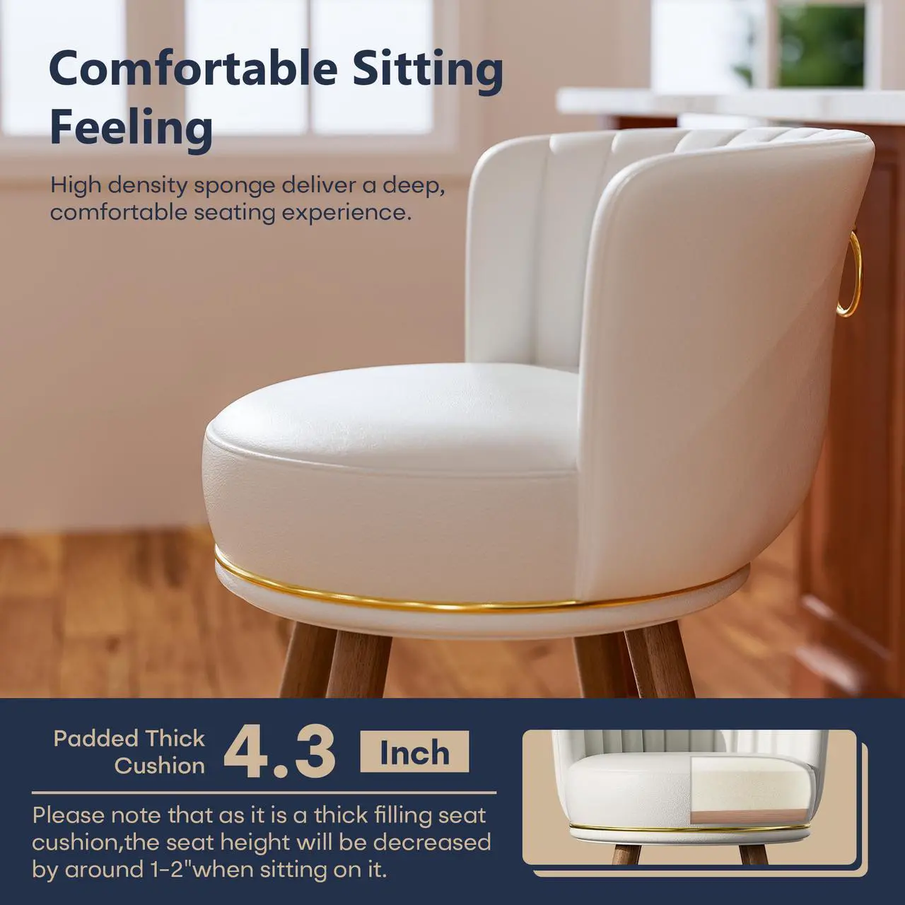 Alt view image 4 of 7 - Ninecer 26" Swivel Bar Stools Set of 2, Counter Height Bar Stools with Back, Leather Swivel Counter Stool with Wood Legs and Footrest, Upholstered Pub Stools White Bar Chairs Kitchen Island, 300lbs
