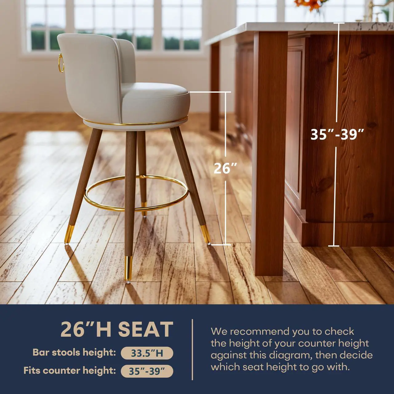 Alt view image 2 of 7 - Ninecer 26" Swivel Bar Stools Set of 2, Counter Height Bar Stools with Back, Leather Swivel Counter Stool with Wood Legs and Footrest, Upholstered Pub Stools White Bar Chairs Kitchen Island, 300lbs