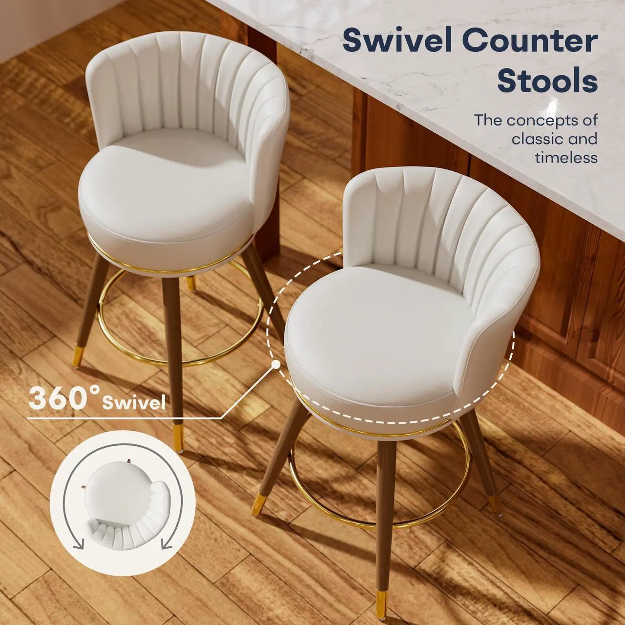 Alt view image 5 of 7 - Ninecer 26" Swivel Bar Stools Set of 2, Counter Height Bar Stools with Back, Leather Swivel Counter Stool with Wood Legs and Footrest, Upholstered Pub Stools White Bar Chairs Kitchen Island, 300lbs