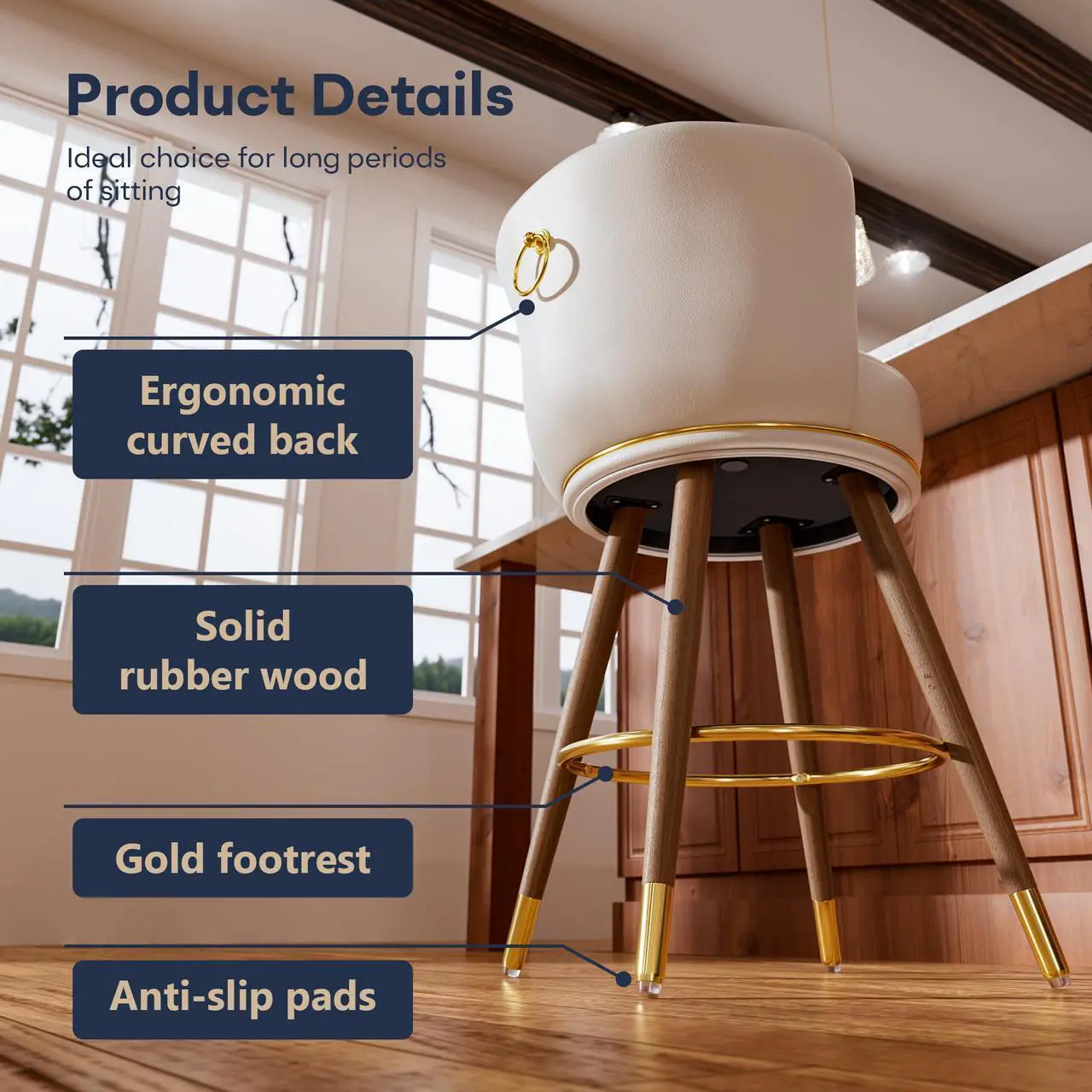 Alt view image 7 of 7 - Ninecer 26" Swivel Bar Stools Set of 2, Counter Height Bar Stools with Back, Leather Swivel Counter Stool with Wood Legs and Footrest, Upholstered Pub Stools White Bar Chairs Kitchen Island, 300lbs