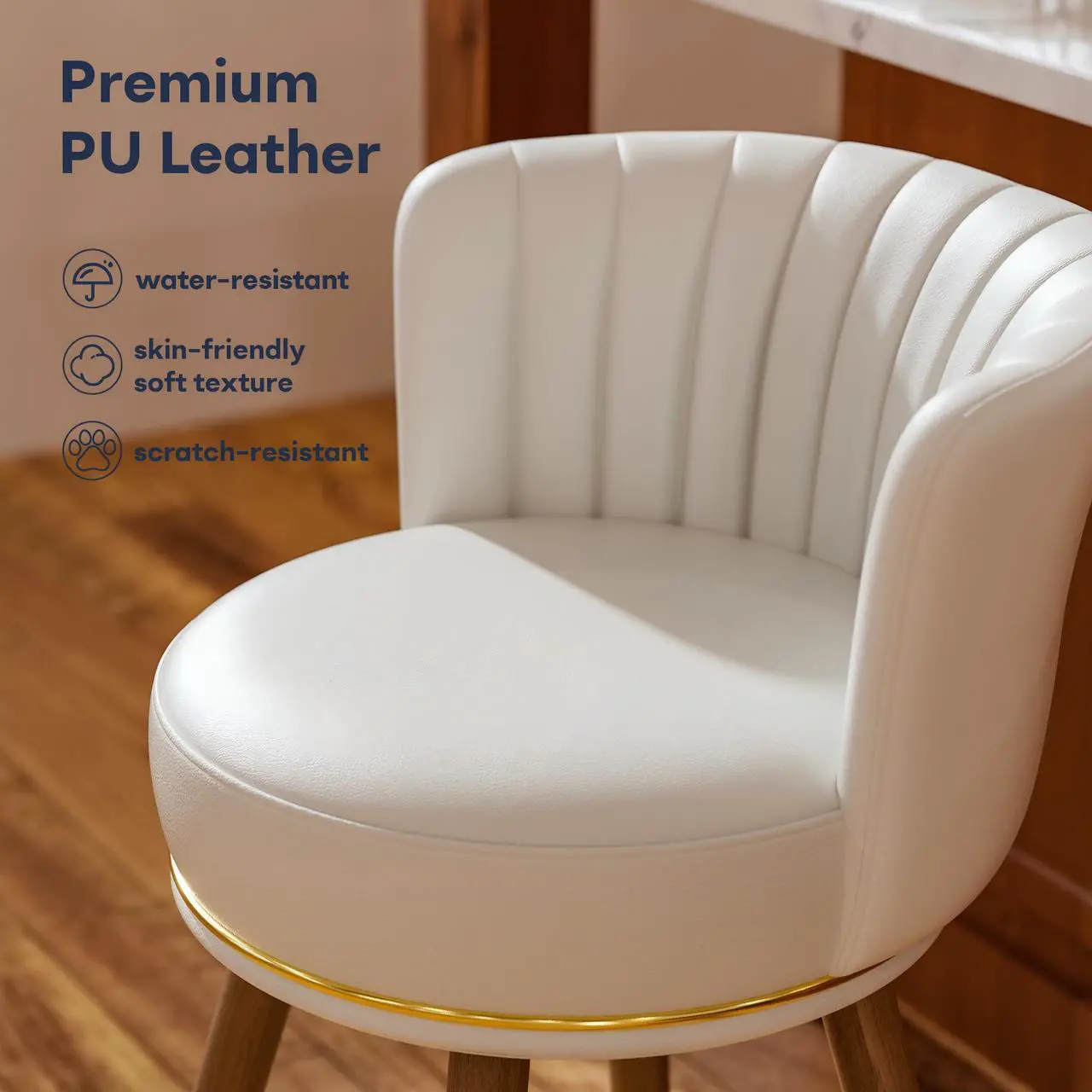 Alt view image 6 of 7 - Ninecer 26" Swivel Bar Stools Set of 2, Counter Height Bar Stools with Back, Leather Swivel Counter Stool with Wood Legs and Footrest, Upholstered Pub Stools White Bar Chairs Kitchen Island, 300lbs