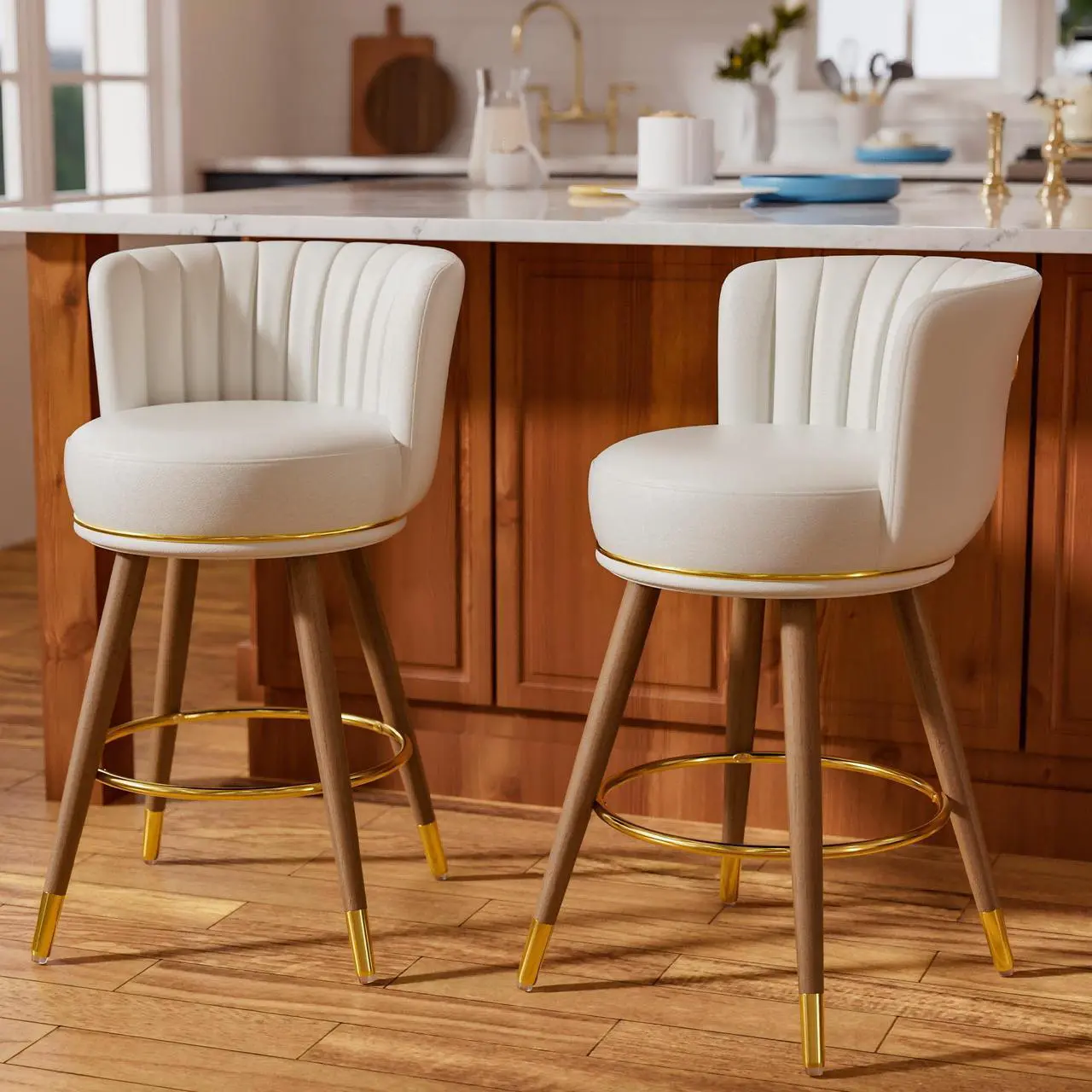 Main image of Ninecer 26" Swivel Bar Stools Set of 2, Counter Height Bar Stools with Back, Leather Swivel Counter Stool with Wood Legs and Footrest, Upholstered Pub Stools White Bar Chairs Kitchen Island, 300lbs