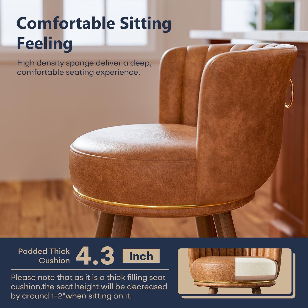 Alt view image 6 of 7 - Ninecer 26" Swivel Bar Stools Set of 2, Counter Height Bar Stools with Back, Leather Swivel Counter Stool with Wood Legs and Footrest, Upholstered Pub Stools Bar Chairs Kitchen Island, 300lbs Brown