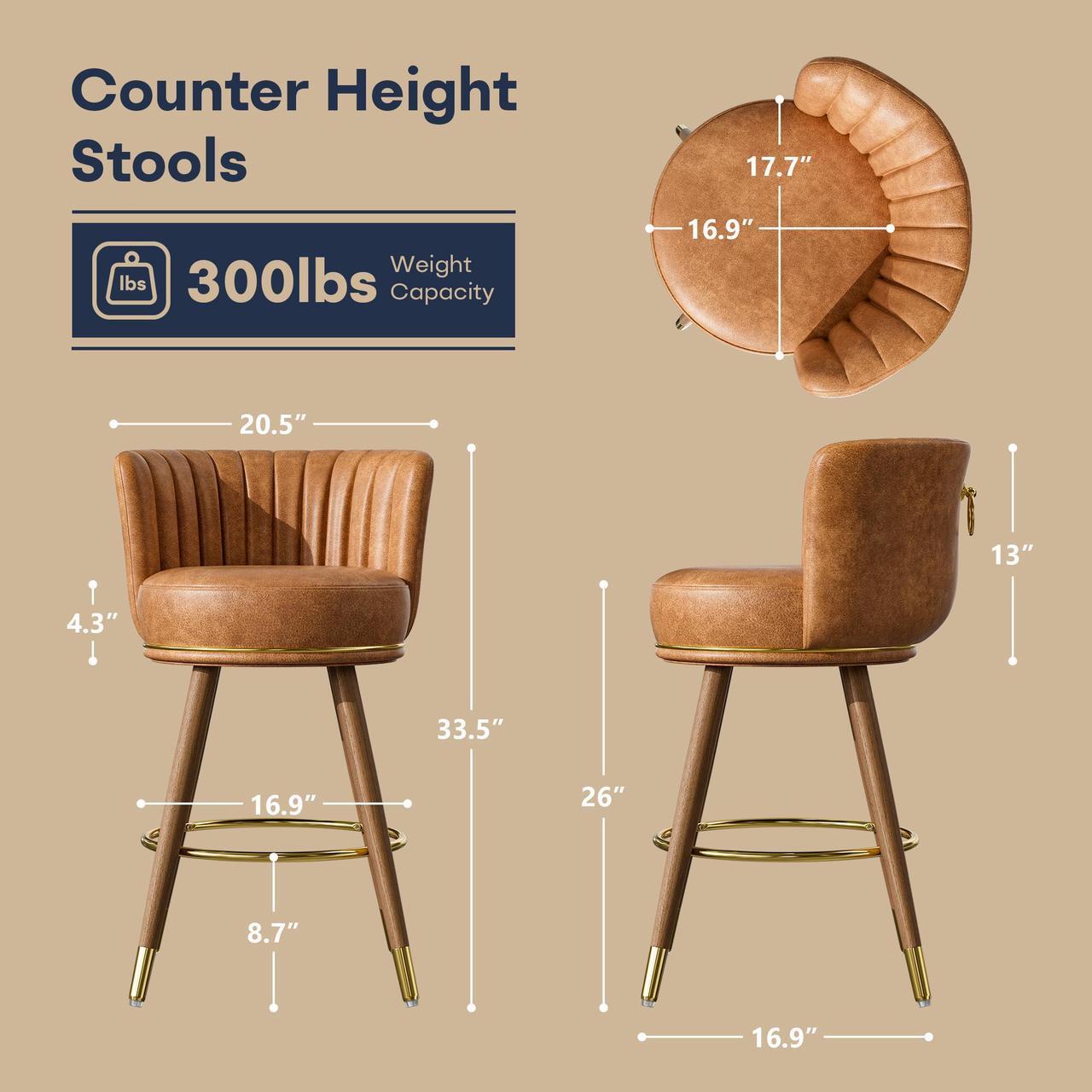 Alt view image 3 of 7 - Ninecer 26" Swivel Bar Stools Set of 2, Counter Height Bar Stools with Back, Leather Swivel Counter Stool with Wood Legs and Footrest, Upholstered Pub Stools Bar Chairs Kitchen Island, 300lbs Brown