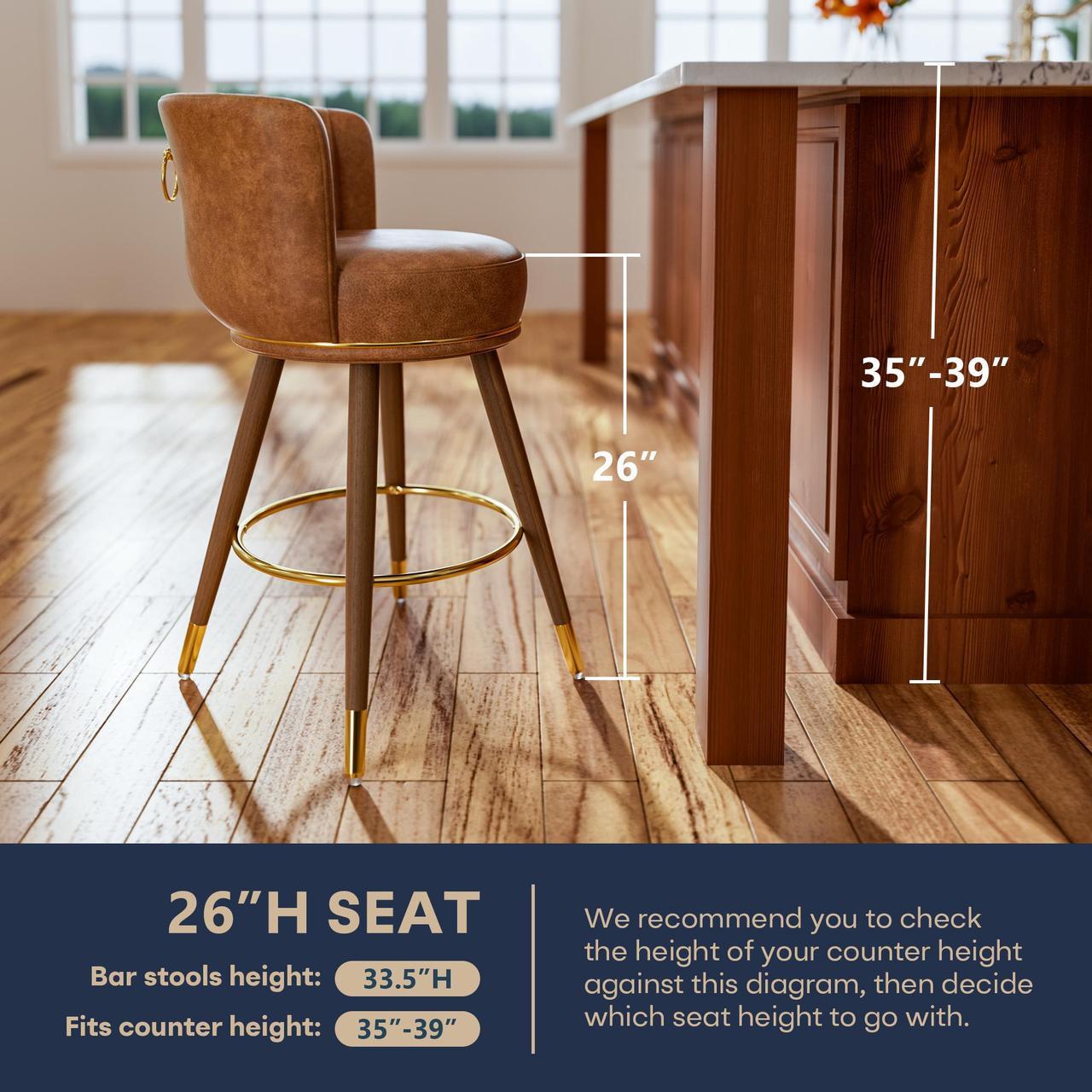 Alt view image 2 of 7 - Ninecer 26" Swivel Bar Stools Set of 2, Counter Height Bar Stools with Back, Leather Swivel Counter Stool with Wood Legs and Footrest, Upholstered Pub Stools Bar Chairs Kitchen Island, 300lbs Brown