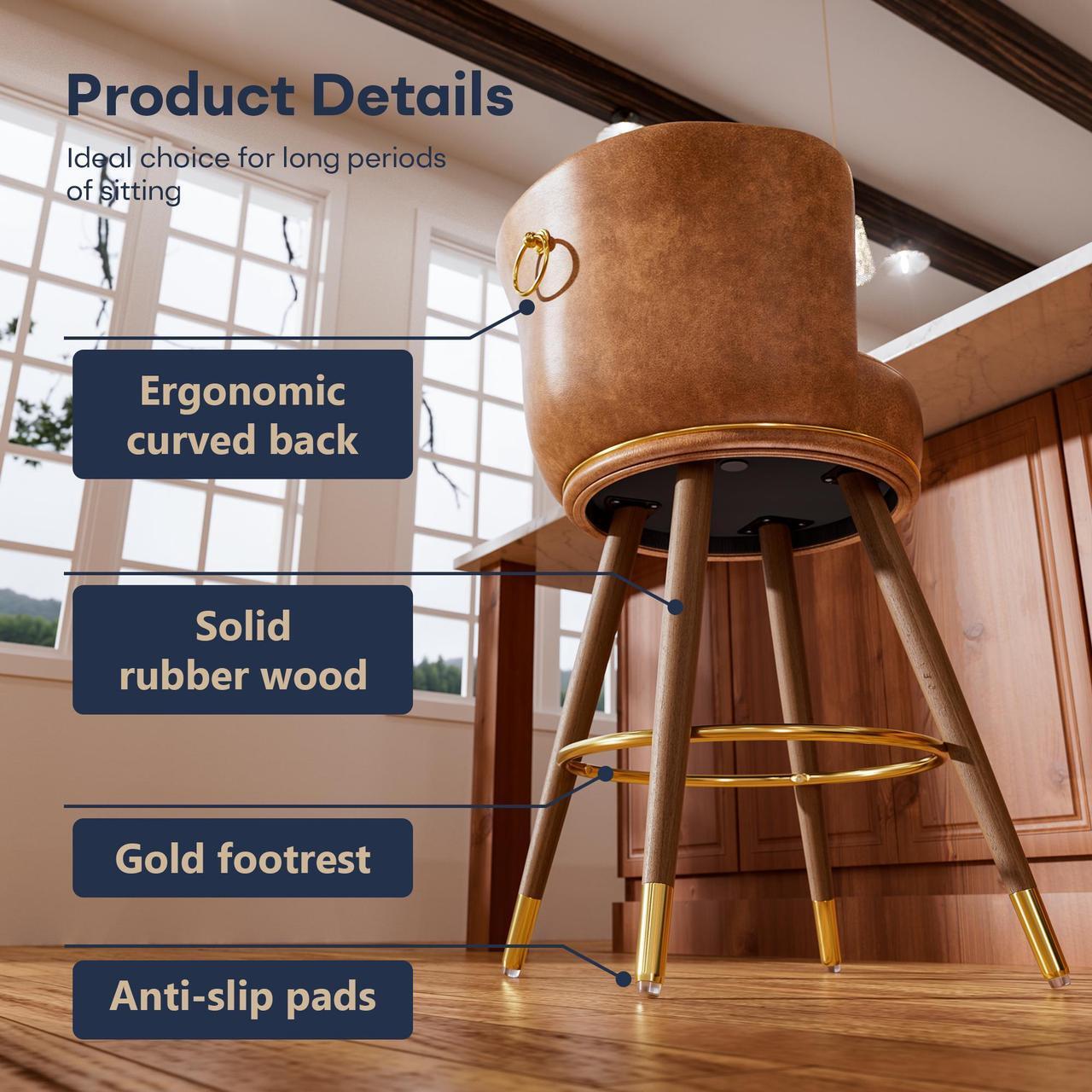 Alt view image 4 of 7 - Ninecer 26" Swivel Bar Stools Set of 2, Counter Height Bar Stools with Back, Leather Swivel Counter Stool with Wood Legs and Footrest, Upholstered Pub Stools Bar Chairs Kitchen Island, 300lbs Brown