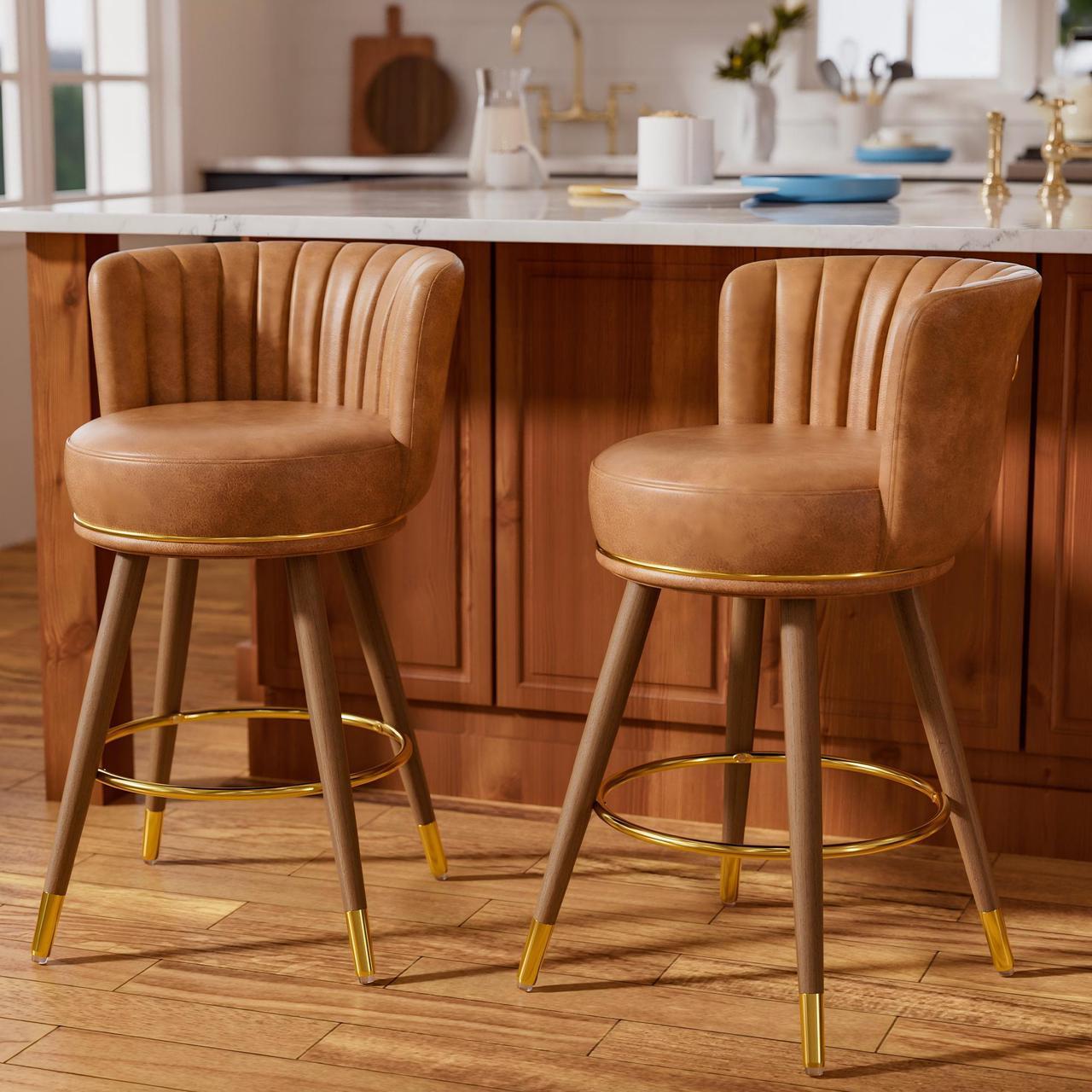 Main image of Ninecer 26" Swivel Bar Stools Set of 2, Counter Height Bar Stools with Back, Leather Swivel Counter Stool with Wood Legs and Footrest, Upholstered Pub Stools Bar Chairs Kitchen Island, 300lbs Brown