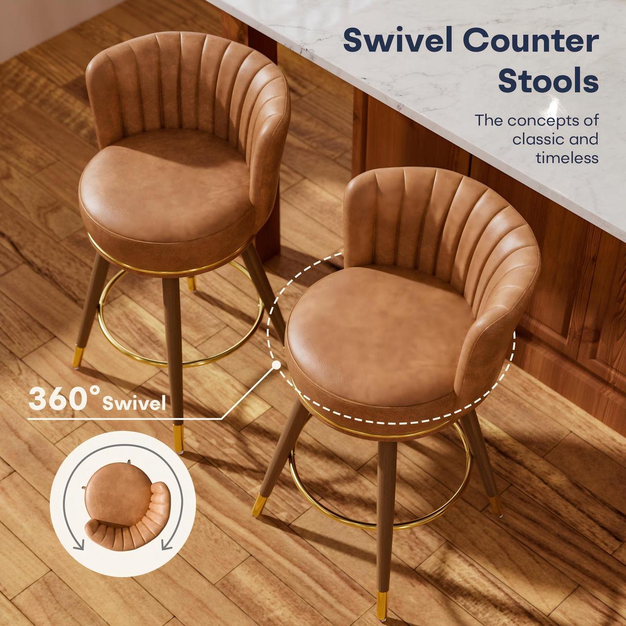 Alt view image 5 of 7 - Ninecer 26" Swivel Bar Stools Set of 2, Counter Height Bar Stools with Back, Leather Swivel Counter Stool with Wood Legs and Footrest, Upholstered Pub Stools Bar Chairs Kitchen Island, 300lbs Brown