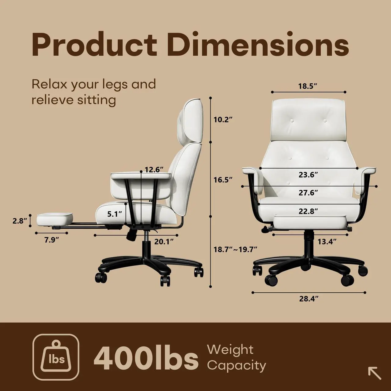 Alt view image 3 of 6 - Ninecer Reclining Office Chair with Footrest, Big and Tall Office Chair 400lbs Wide Seat, Leather High Back Executive Office Chair, Ergonomic Vintage Desk Chair, Heavy Duty Computer Chair White