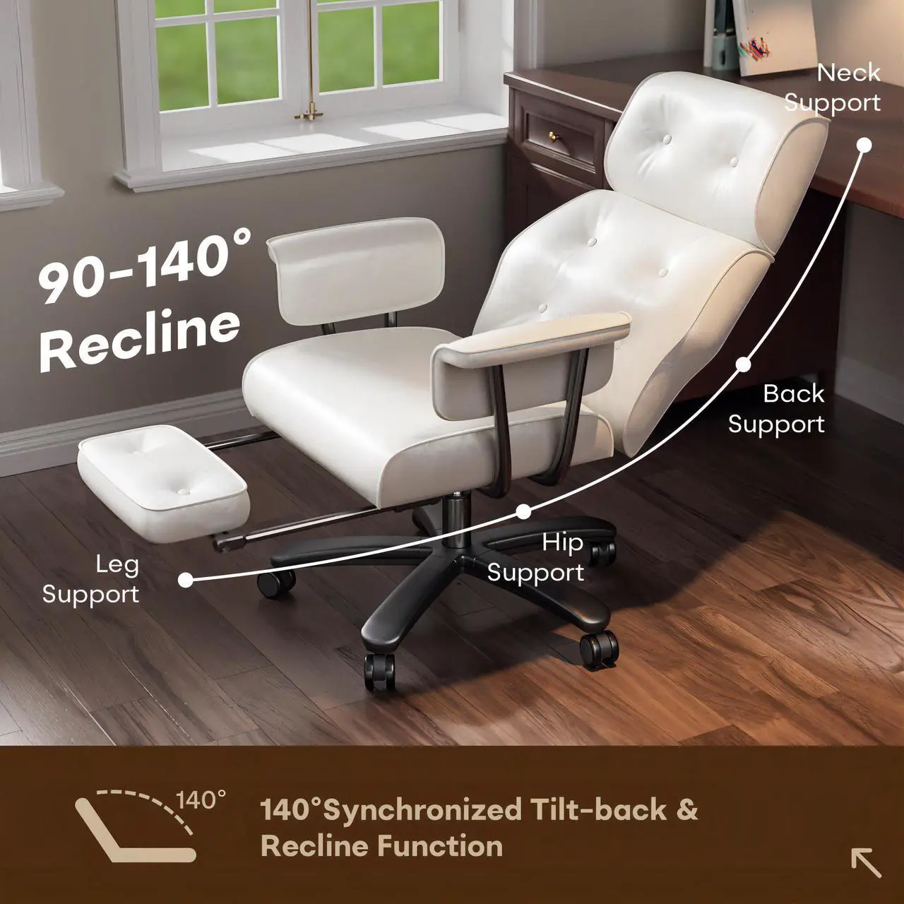 Alt view image 4 of 6 - Ninecer Reclining Office Chair with Footrest, Big and Tall Office Chair 400lbs Wide Seat, Leather High Back Executive Office Chair, Ergonomic Vintage Desk Chair, Heavy Duty Computer Chair White