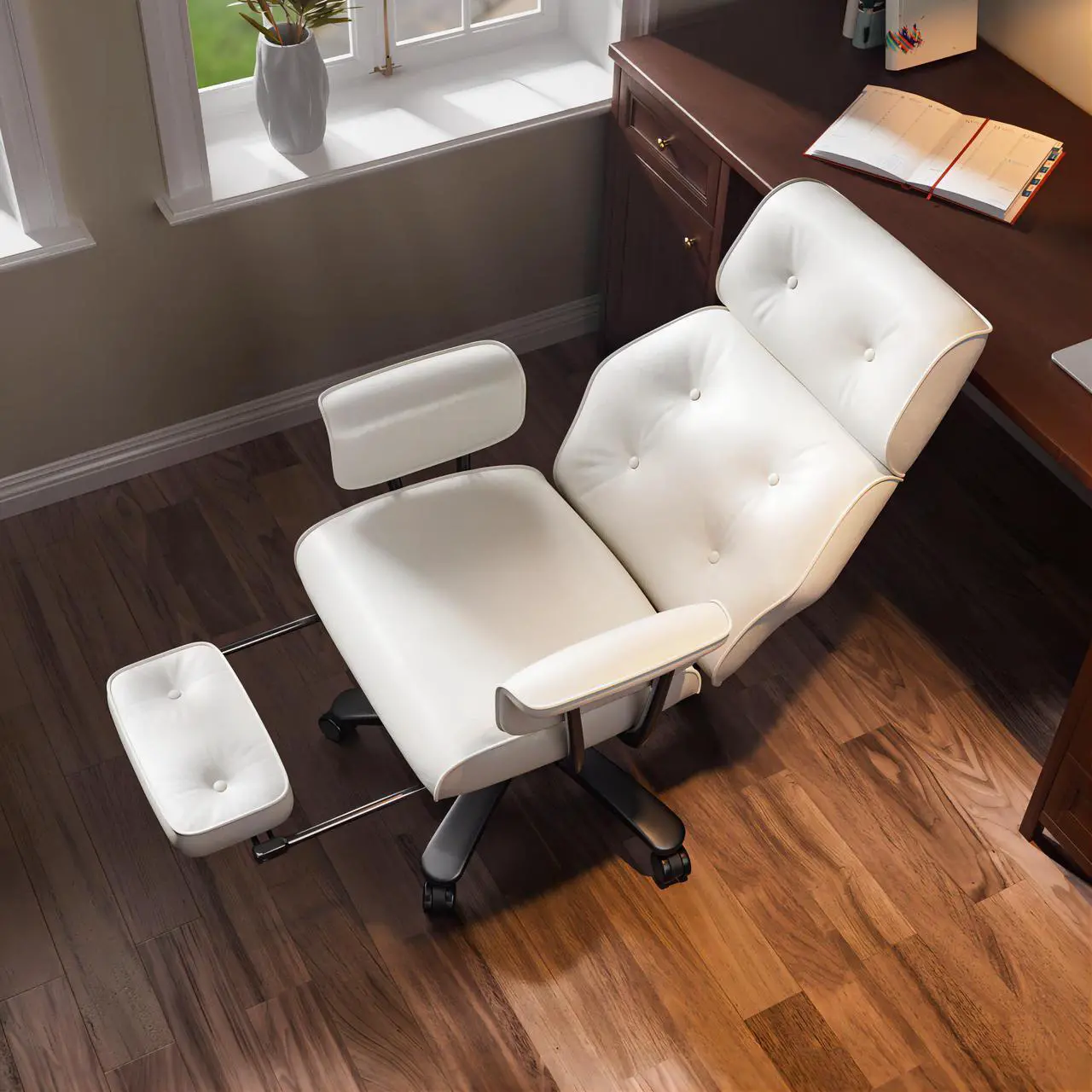 Alt view image 2 of 6 - Ninecer Reclining Office Chair with Footrest, Big and Tall Office Chair 400lbs Wide Seat, Leather High Back Executive Office Chair, Ergonomic Vintage Desk Chair, Heavy Duty Computer Chair White