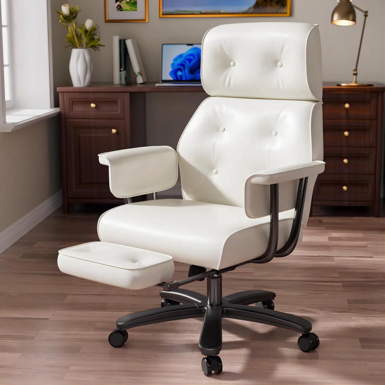 Main image of Ninecer Reclining Office Chair with Footrest, Big and Tall Office Chair 400lbs Wide Seat, Leather High Back Executive Office Chair, Ergonomic Vintage Desk Chair, Heavy Duty Computer Chair White