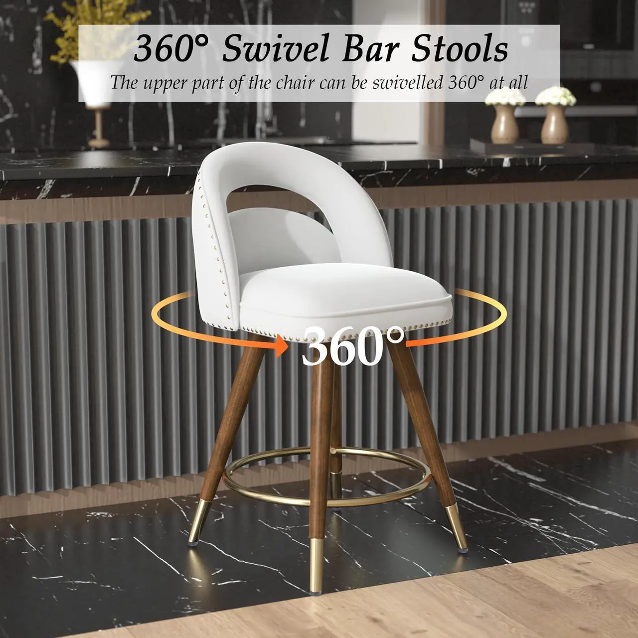 Alt view image 4 of 6 - Ninecer Counter Height Bar Stools Set of 2, 24 Inch Swivel Bar Stools with Backs&Solid Wood Legs, Upholstered Barstools, Velvet Counter Stools for Kitchen Island White