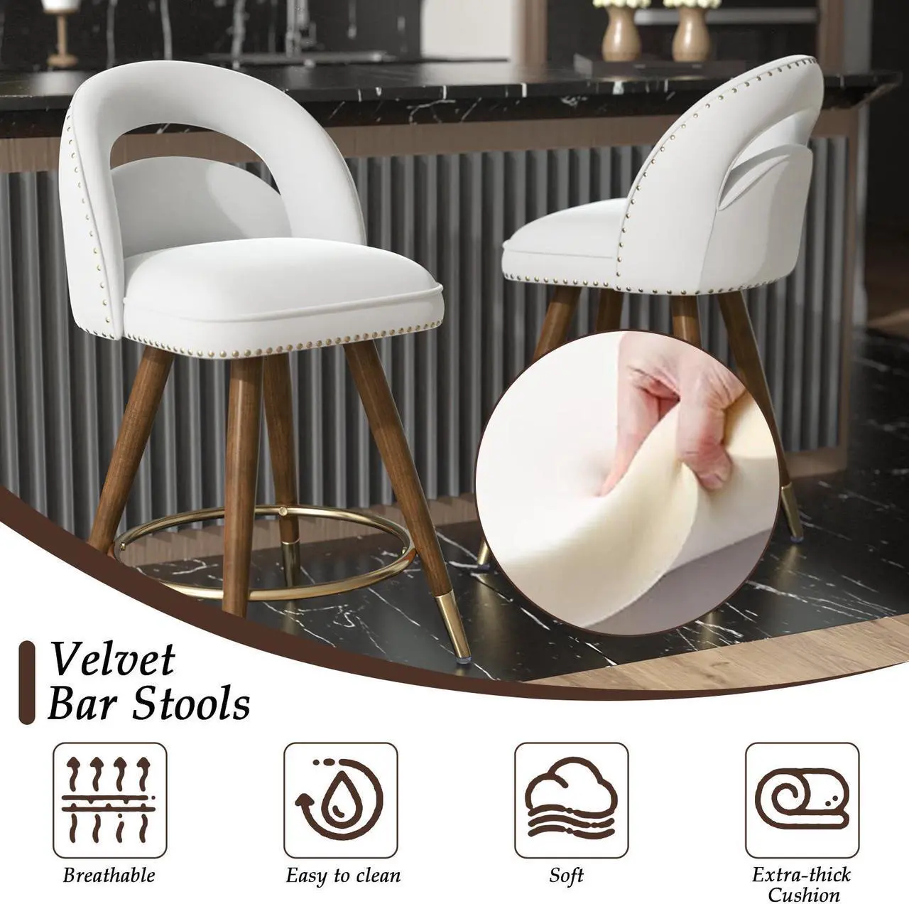 Alt view image 5 of 6 - Ninecer Counter Height Bar Stools Set of 2, 24 Inch Swivel Bar Stools with Backs&Solid Wood Legs, Upholstered Barstools, Velvet Counter Stools for Kitchen Island White