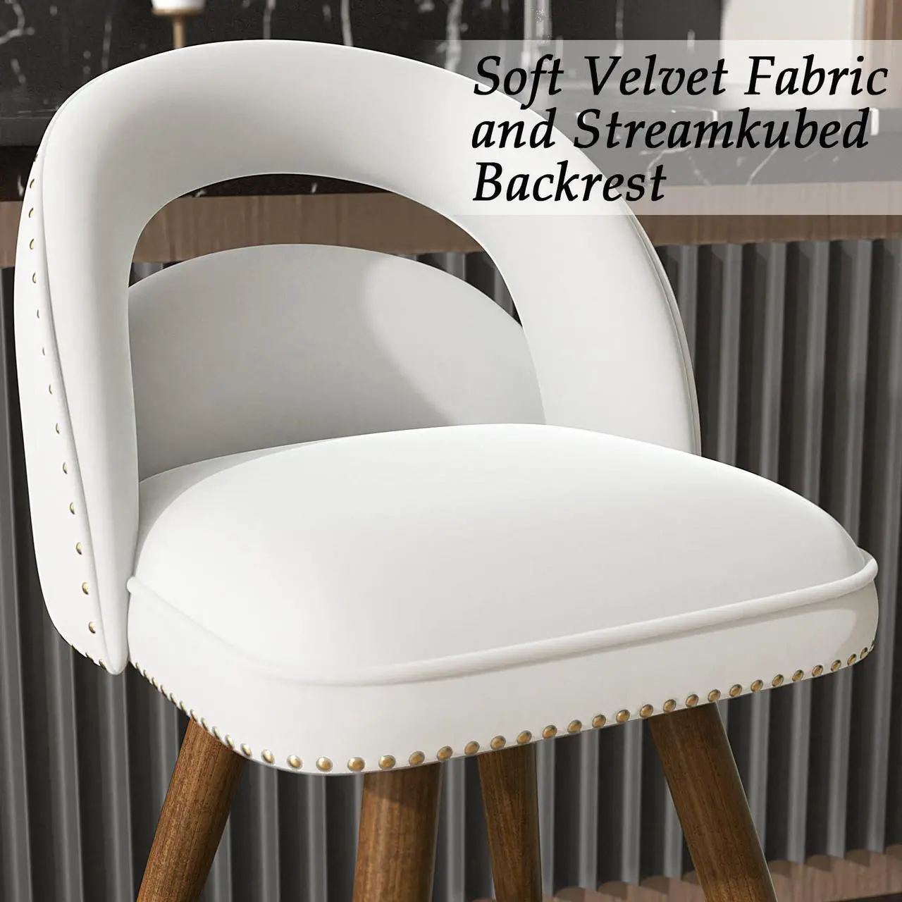 Alt view image 6 of 6 - Ninecer Counter Height Bar Stools Set of 2, 24 Inch Swivel Bar Stools with Backs&Solid Wood Legs, Upholstered Barstools, Velvet Counter Stools for Kitchen Island White