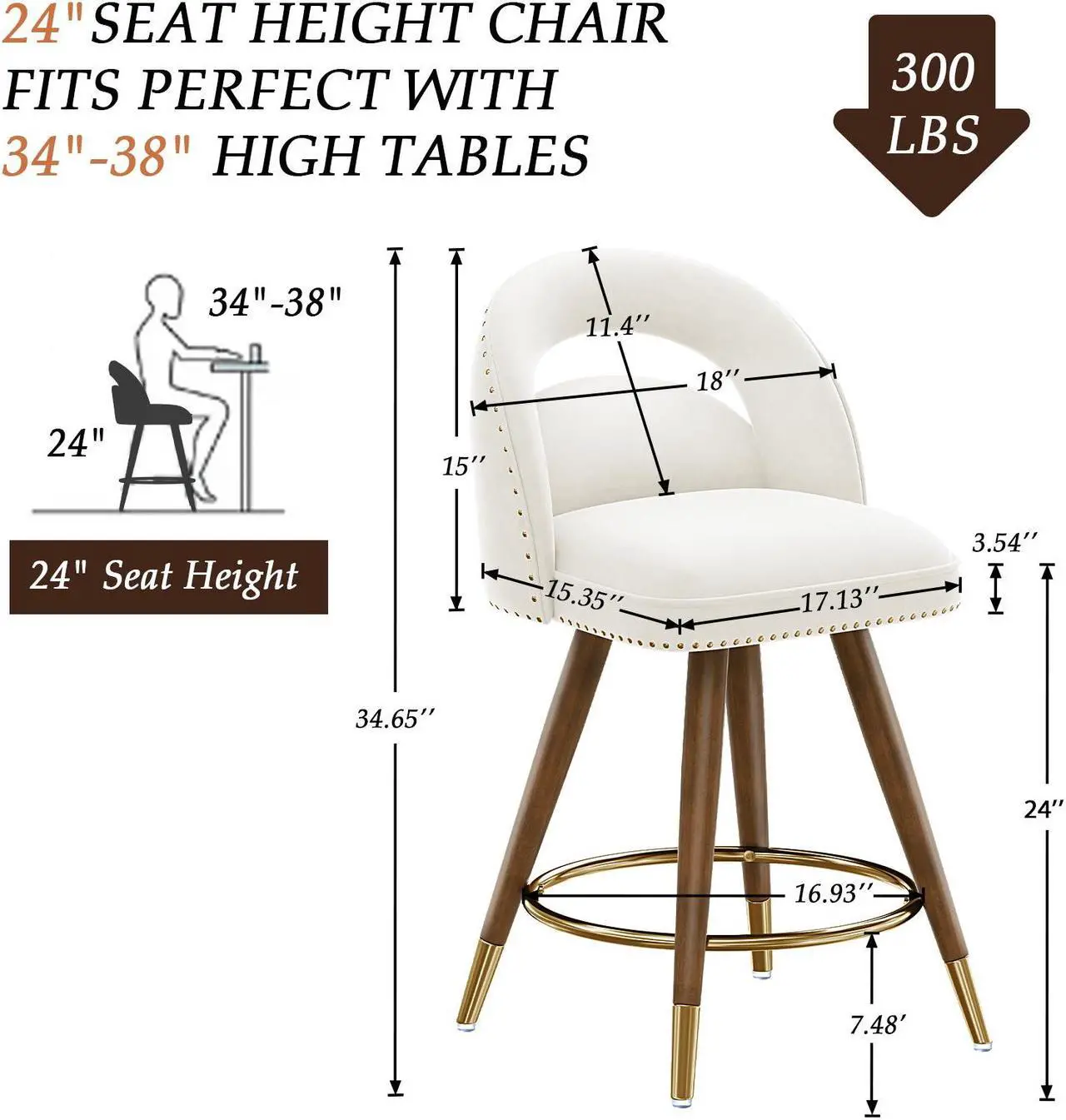 Alt view image 3 of 6 - Ninecer Counter Height Bar Stools Set of 2, 24 Inch Swivel Bar Stools with Backs&Solid Wood Legs, Upholstered Barstools, Velvet Counter Stools for Kitchen Island White