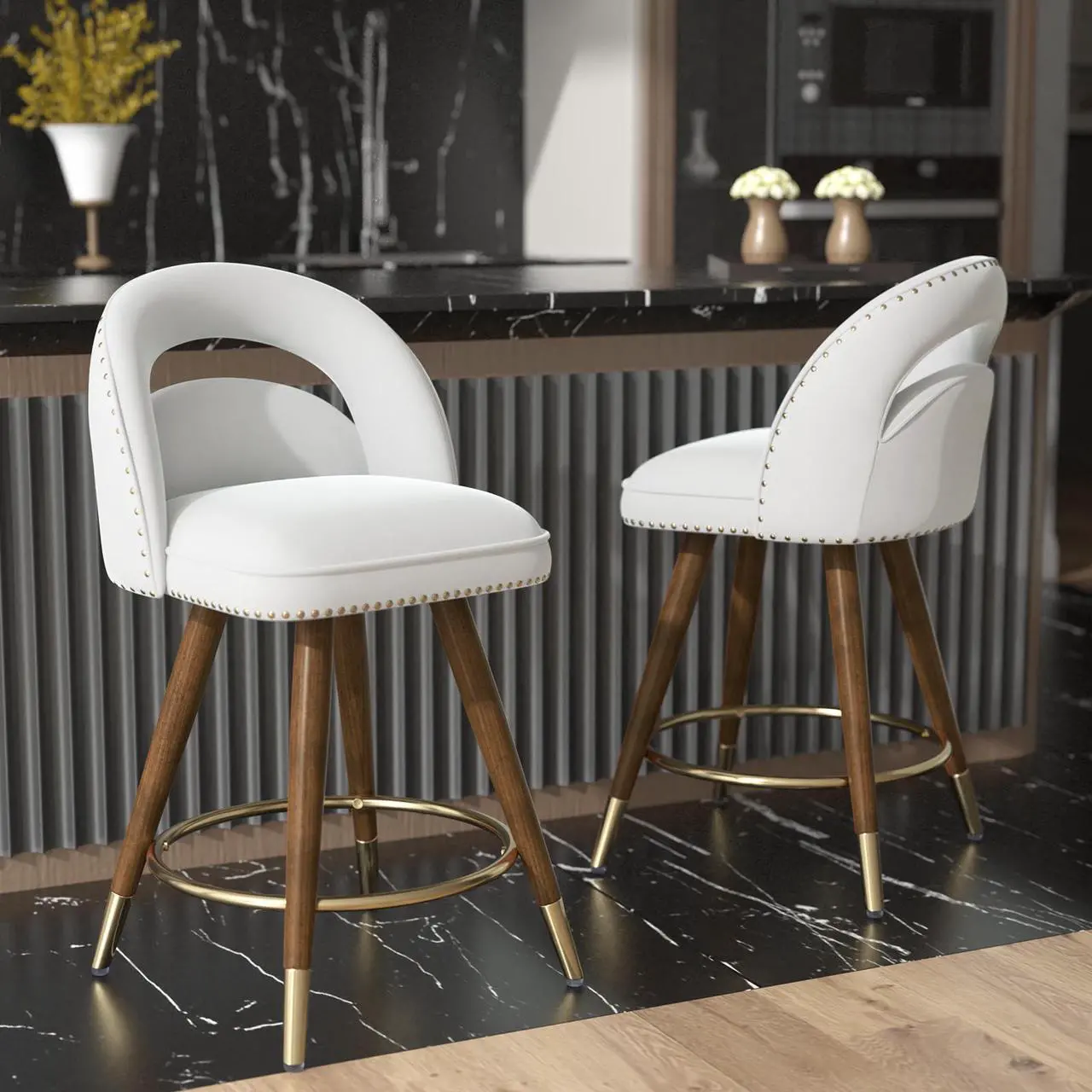 Main image of Ninecer Counter Height Bar Stools Set of 2, 24 Inch Swivel Bar Stools with Backs&Solid Wood Legs, Upholstered Barstools, Velvet Counter Stools for Kitchen Island White