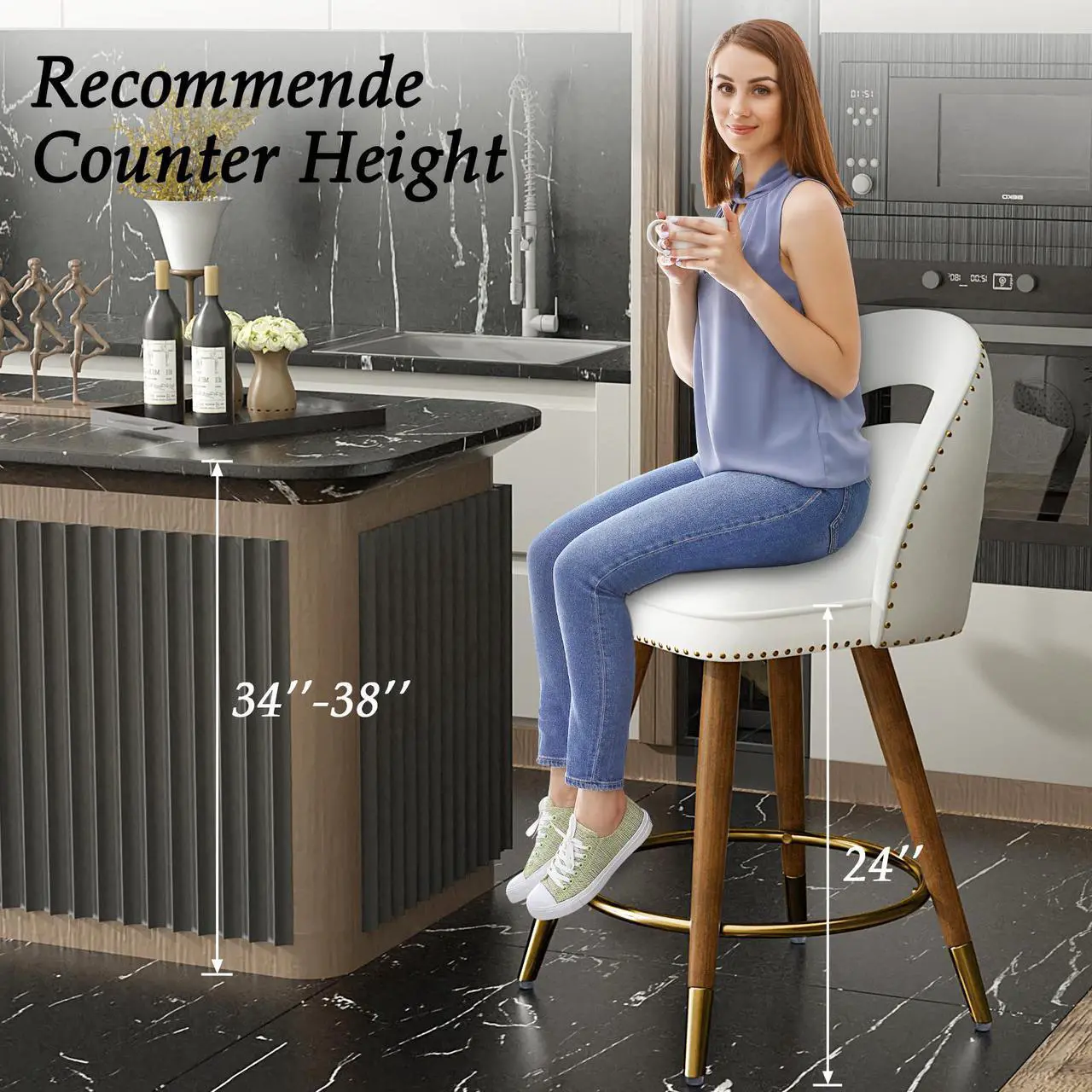 Alt view image 2 of 6 - Ninecer Counter Height Bar Stools Set of 2, 24 Inch Swivel Bar Stools with Backs&Solid Wood Legs, Upholstered Barstools, Velvet Counter Stools for Kitchen Island White