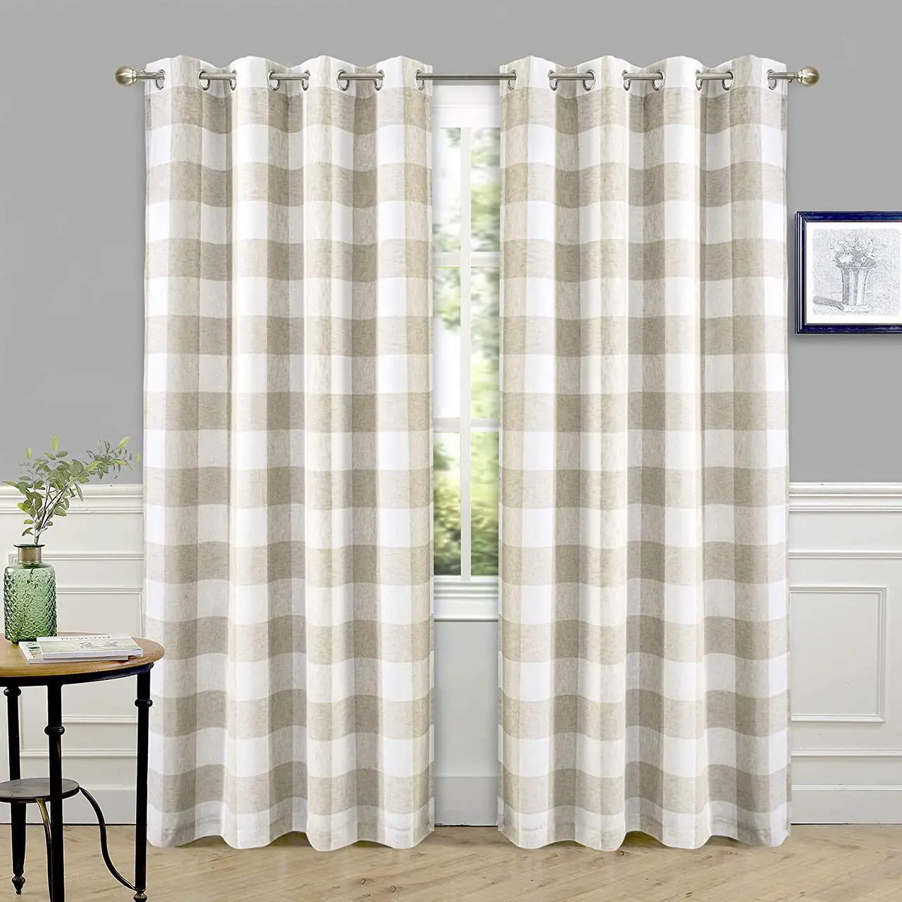 Main image of DriftAway Buffalo Check Woven Plaid Pattern Lined Blackout Thermal Insulated Window Curtain Grommet 2 Layers 2 Panels 50 Inch by 84 Inch Taupe