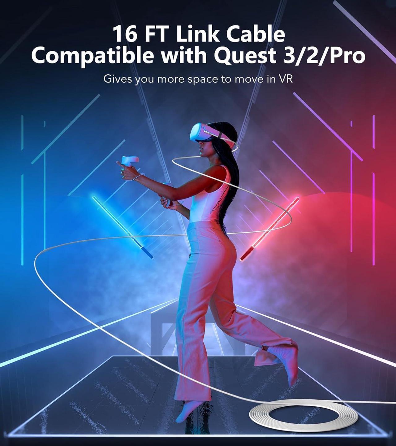 Alt view image 6 of 6 - Link Cable 16FT Compatible with Meta/Oculus Quest 3, Quest 2/Pro, PICO 4 Accessories VR Headsets, Charging Cord and High Speed Data Wire, Charging Cable for Steam Gaming PC (16.4FT)