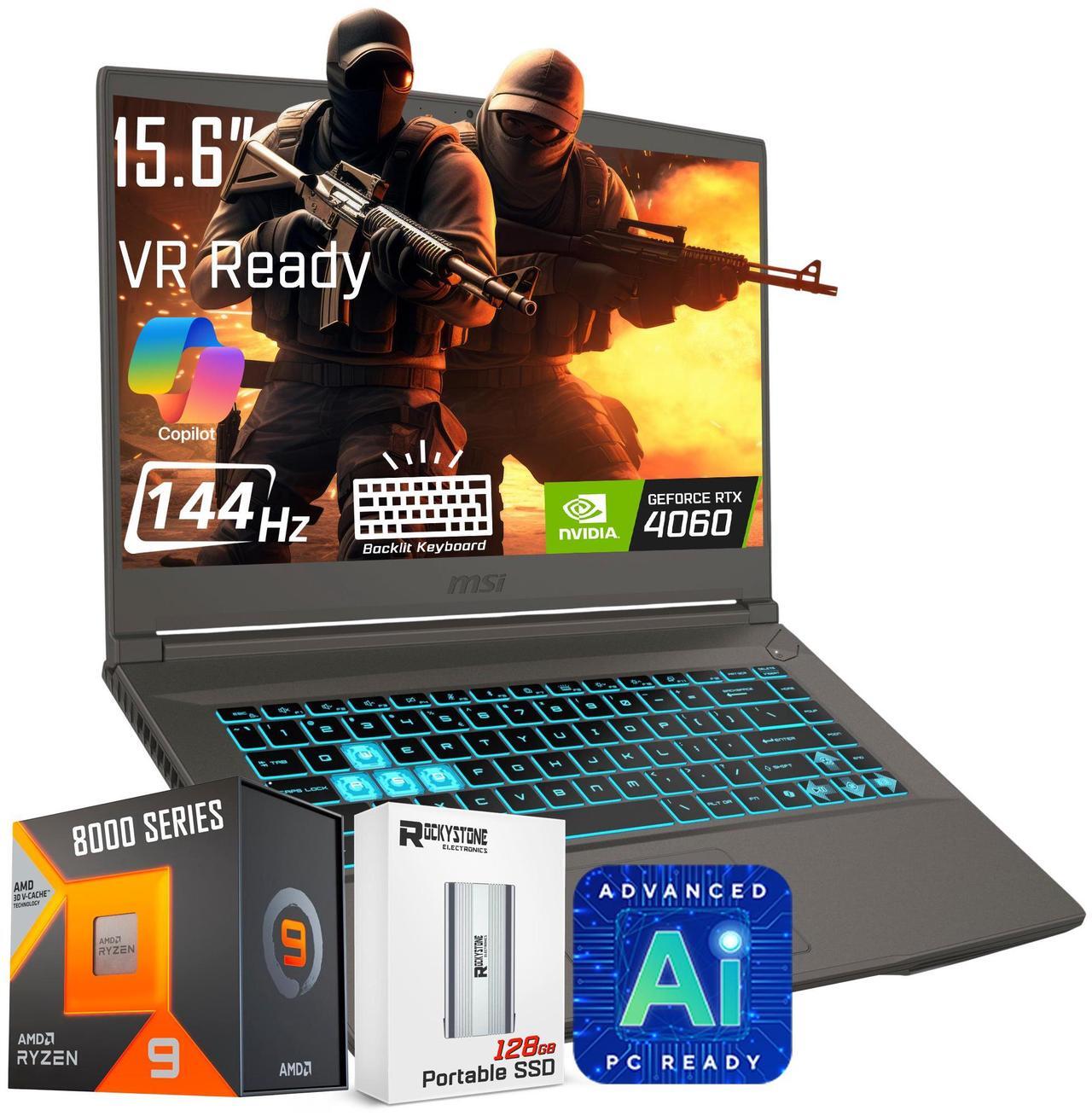 Main image of MSI thin 15 gaming laptop, 15.6" FHD IPS Display, AMD Ryzen 9 8945HS(>i9-13900H, 5.2 GHz), GeForce RTX 4060, AI&VR Ready, CoPilot+ PC, Backlit Keyboard, Windows 11 Home, Gray(64GB DDR5 RAM | 1TB SSD)