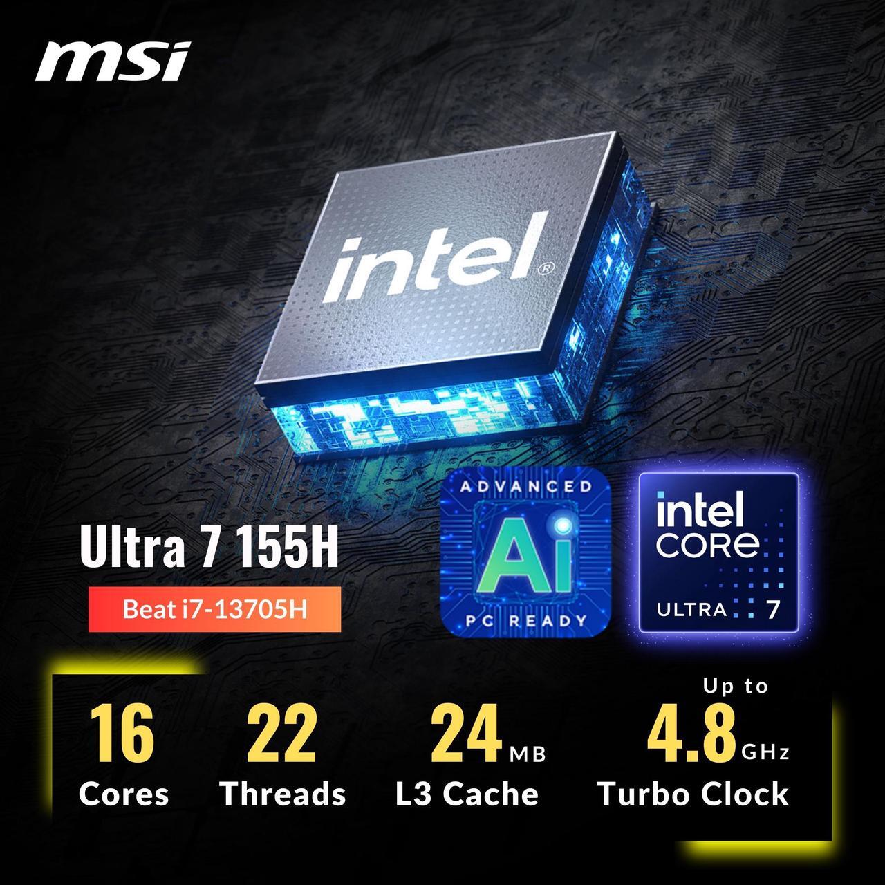 Alt view image 3 of 6 - MSI Cyborg 15 Gaming Laptop, 15.6" 144Hz FHD IPS Display, Core Ultra 7 155H(>i7-13705H, 4.80 GHz), GeForce RTX 4050, AI + VR Ready, Backlit Keyboard, Windows 11 Home, Black (16GB DDR5 RAM | 1TB SSD)