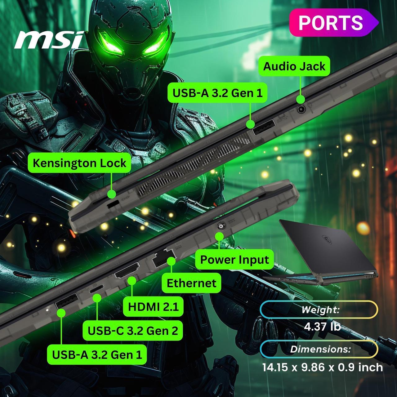 Alt view image 6 of 6 - MSI Cyborg 15 Gaming Laptop, 15.6" 144Hz FHD IPS Display, Core Ultra 7 155H(>i7-13705H, 4.80 GHz), GeForce RTX 4050, AI + VR Ready, Backlit Keyboard, Windows 11 Home, Black (16GB DDR5 RAM | 1TB SSD)