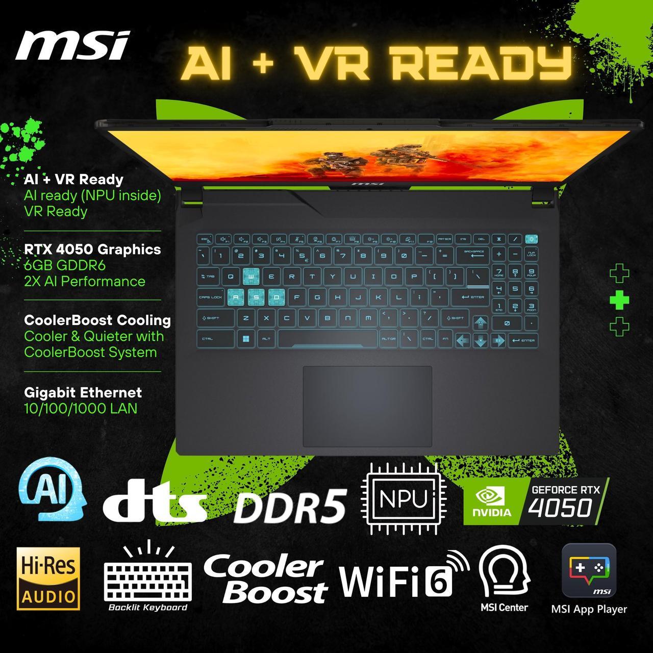 Alt view image 5 of 6 - MSI Cyborg 15 Gaming Laptop, 15.6" 144Hz FHD IPS Display, Core Ultra 7 155H(>i7-13705H, 4.80 GHz), GeForce RTX 4050, AI + VR Ready, Backlit Keyboard, Windows 11 Home, Black (16GB DDR5 RAM | 1TB SSD)