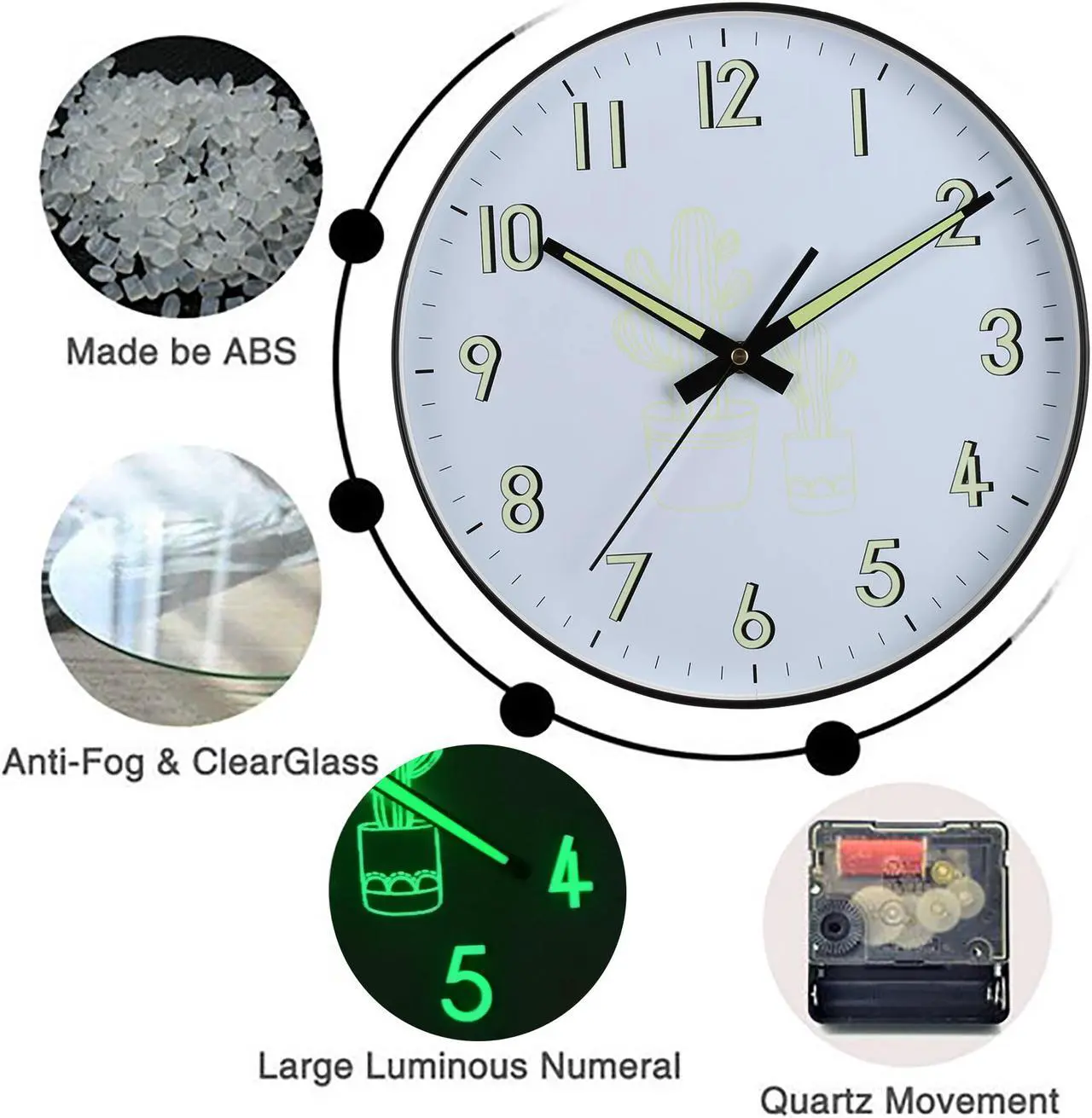 Alt view image 4 of 7 - Night Light Wall Clock with Glass Cover,12 Inch Silent Non Ticking Quartz Clocks for Bedroom Living Room Kitchen,Large Luminous Numbers,Glow in The Dark
