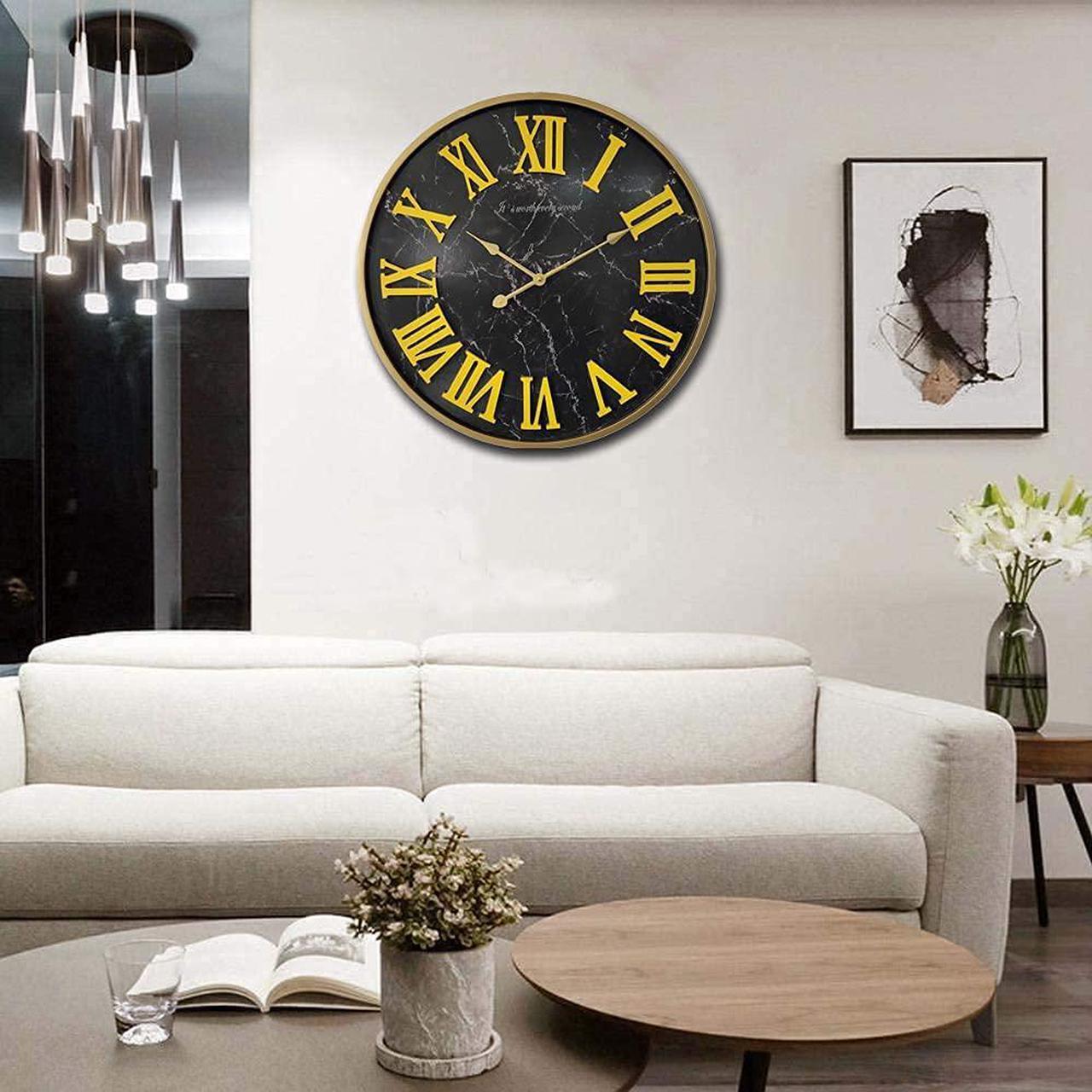 Alt view image 2 of 7 - 24 inch Large 3D Roman Numeral Wall Clock with Metal Frame, Oversized Living Room Metal Wall Clocks with Marble Face Design