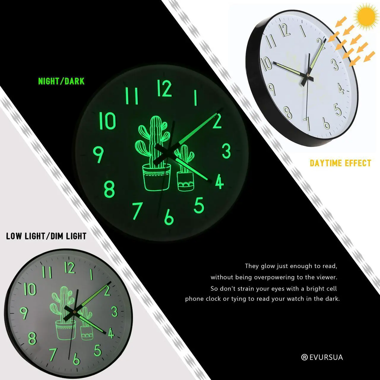 Alt view image 5 of 7 - Night Light Wall Clock with Glass Cover,12 Inch Silent Non Ticking Quartz Clocks for Bedroom Living Room Kitchen,Large Luminous Numbers,Glow in The Dark