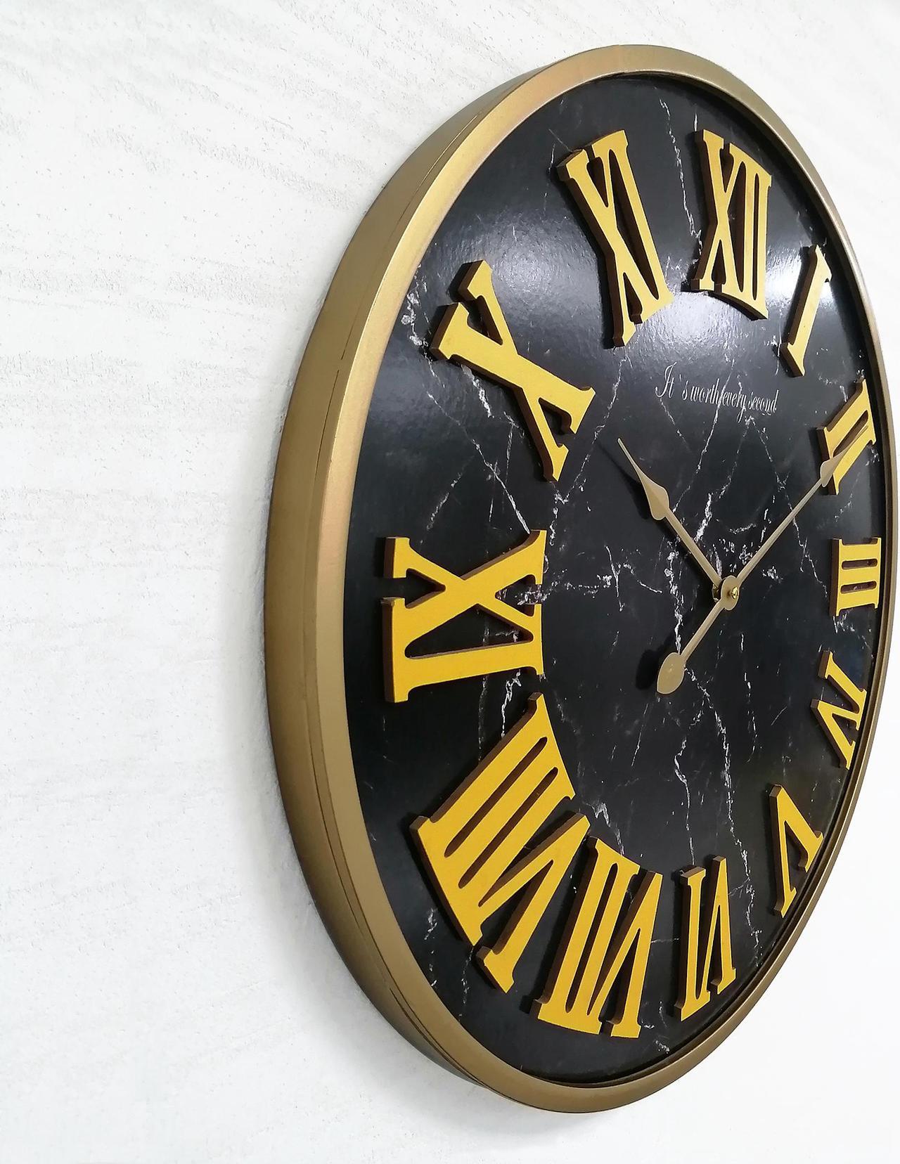 Alt view image 6 of 7 - 24 inch Large 3D Roman Numeral Wall Clock with Metal Frame, Oversized Living Room Metal Wall Clocks with Marble Face Design