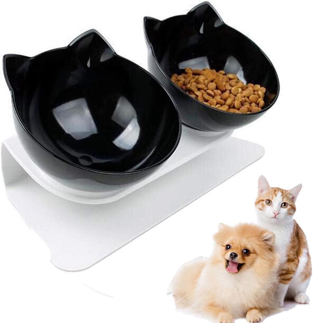 Main image of Double Cat Bowl with Raised Stand,15°Tilted Platform Cat Feeders Food and Water Bowls,Reduce Neck Pain for Cats and Small Dogs Black