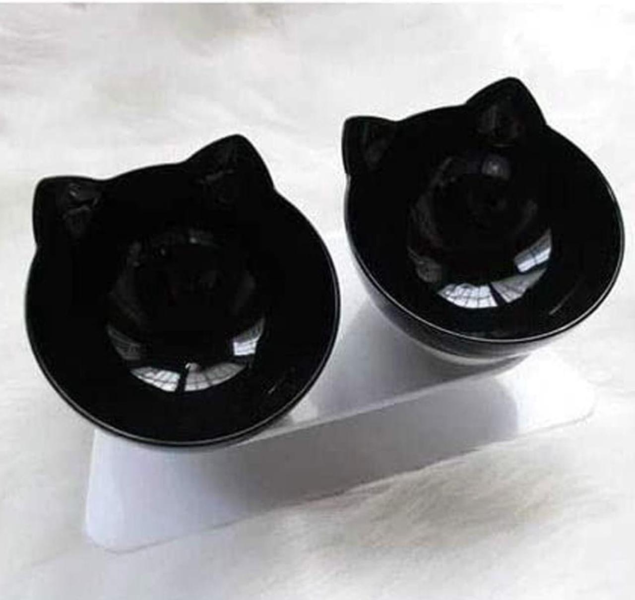 Alt view image 6 of 7 - Double Cat Bowl with Raised Stand,15°Tilted Platform Cat Feeders Food and Water Bowls,Reduce Neck Pain for Cats and Small Dogs Black