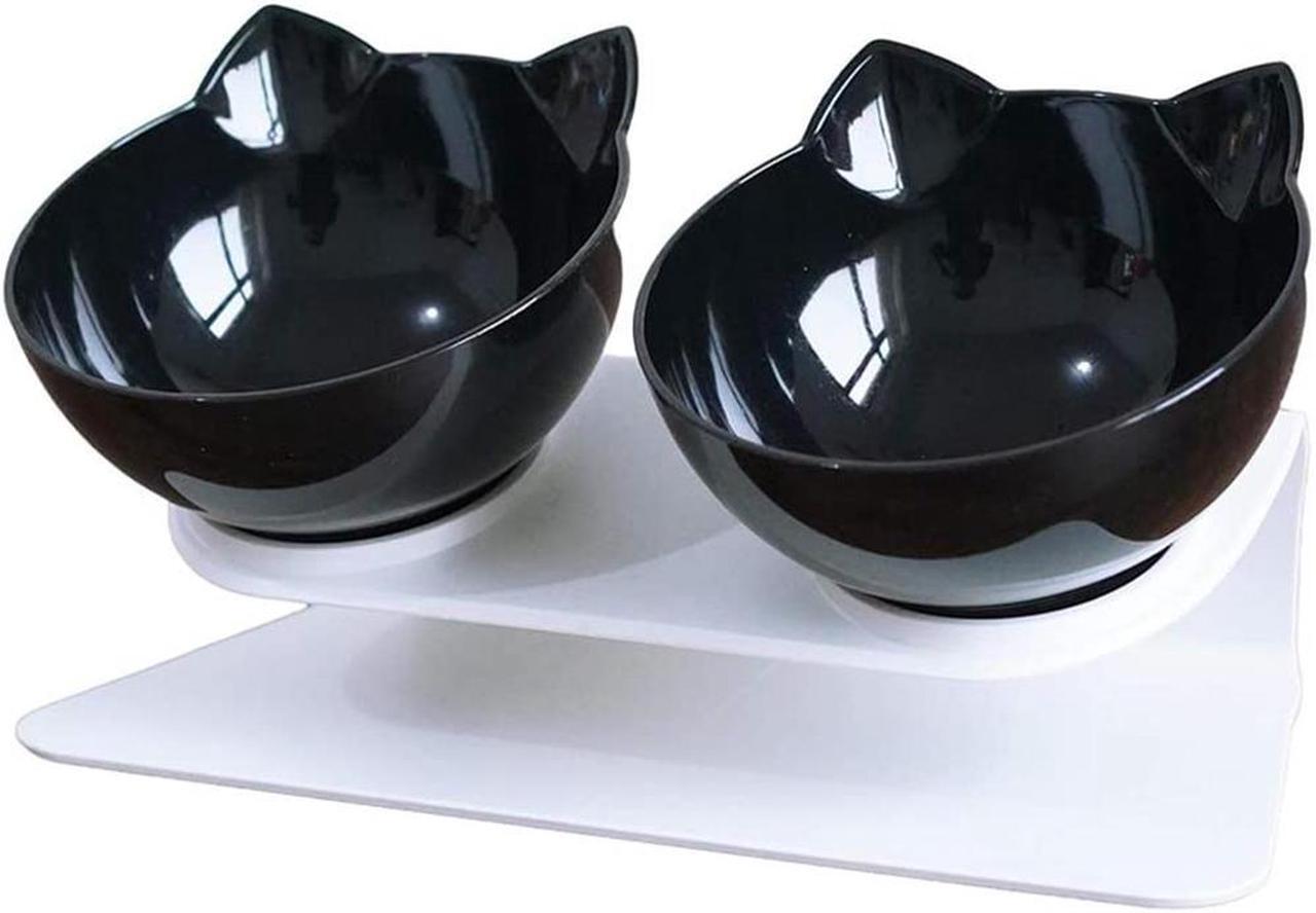 Alt view image 7 of 7 - Double Cat Bowl with Raised Stand,15°Tilted Platform Cat Feeders Food and Water Bowls,Reduce Neck Pain for Cats and Small Dogs Black