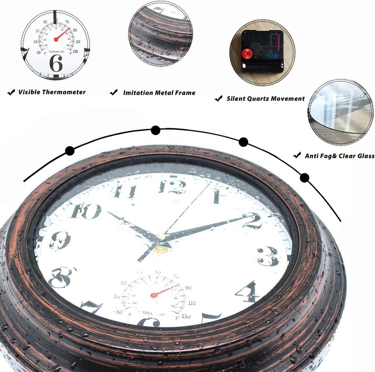 Alt view image 7 of 7 - 12 Inch Indoor Outdoor Clock Thermometer Combo Waterproof Wall Clocks for Patio Garden Bathroom Bedroom,Weather Resistant,Non-Ticking,Battery Operated