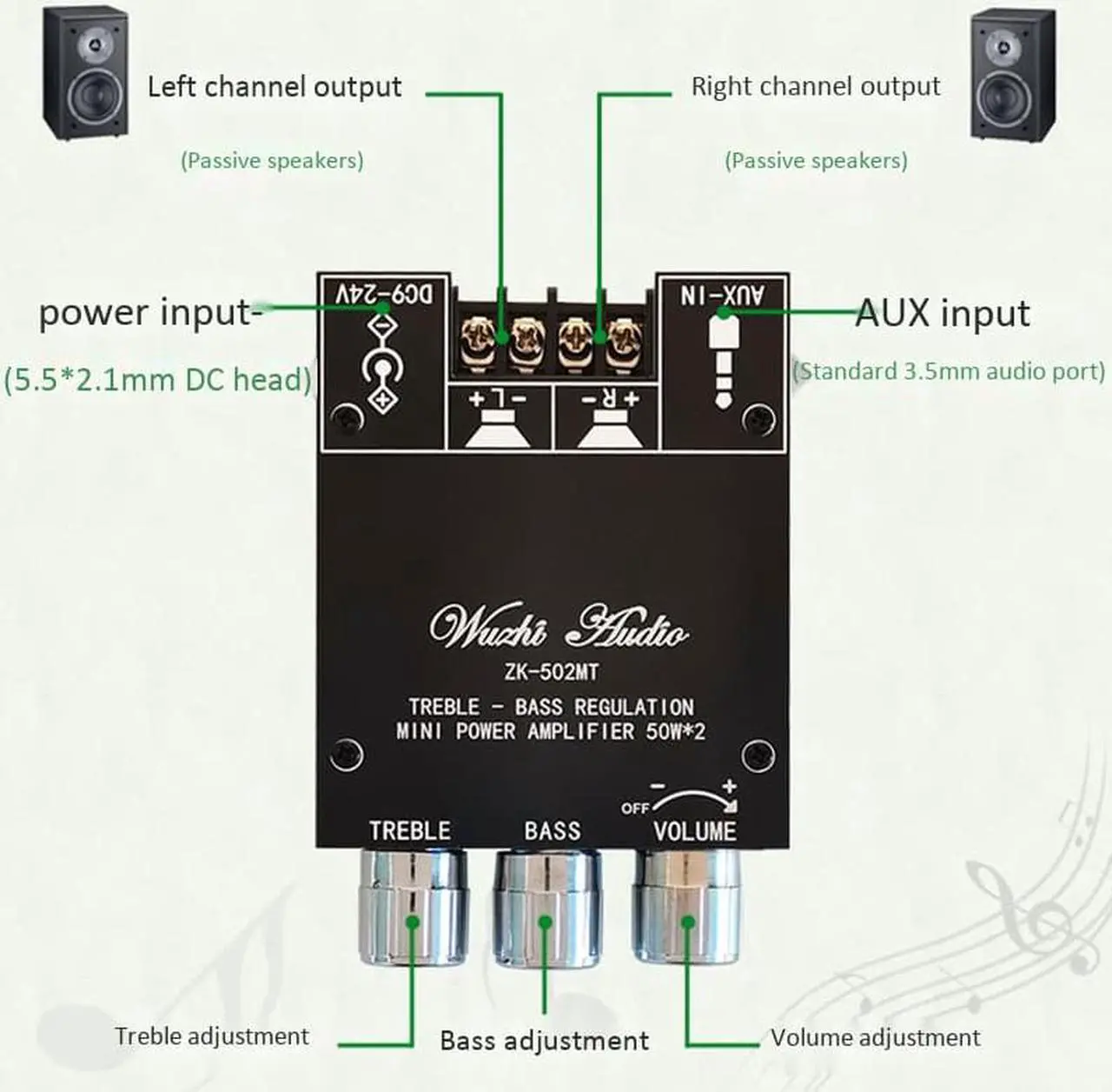 Alt view image 2 of 5 - ZK-502MT Bluetooth 5.0 Subwoofer Amplifier Board 2.0 Channel High Power Audio Stereo Amplifier Board 2X50W Bass AMP