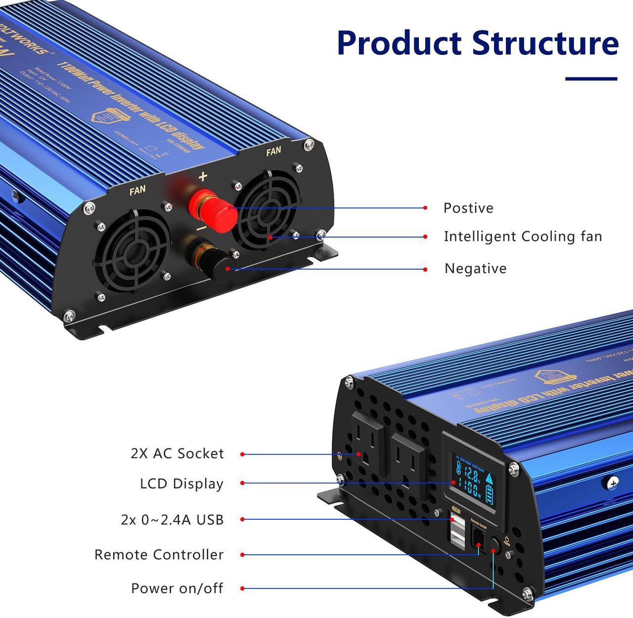 Alt view image 5 of 8 - Power Inverter 1100 watt DC 12V to AC 120V Modified Sine Wave 1000w Inverter with LCD Display Remote Control 2AC Outlets Dual 2.4A USB Ports for Car RV Truck Boat by VOLTWORKS
